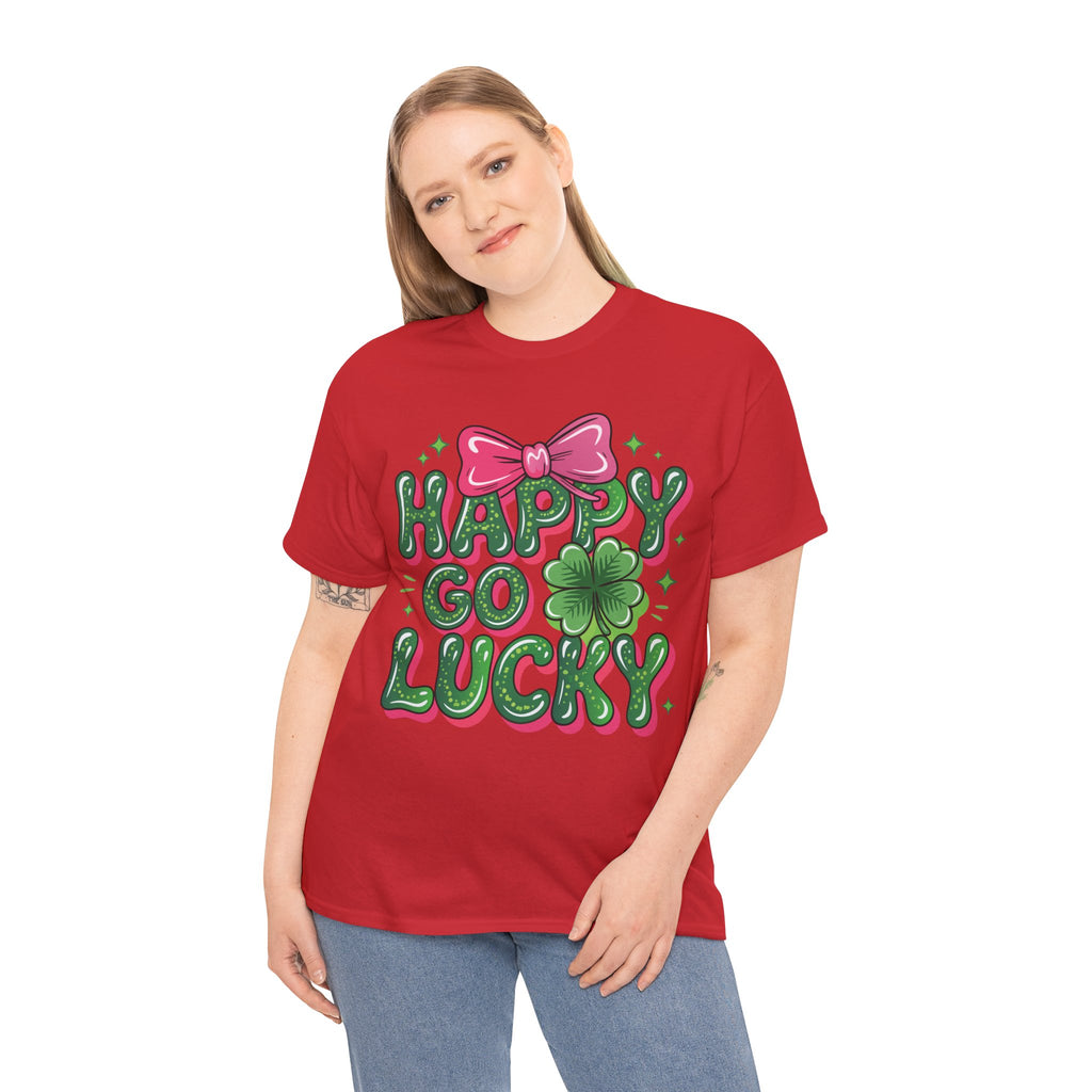 Happy Go Lucky Four-Leaf Clover Tee — Glossy Green Letters & Pink Bow Unisex Cotton Tee