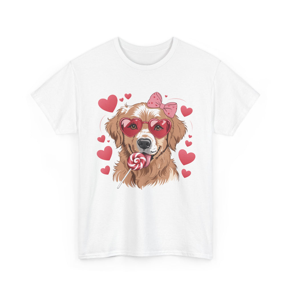 Valentine Dog T-Shirt — Cute Pup with Heart Glasses, Pink Bow & Lollipop..Unisex Cotton Tee