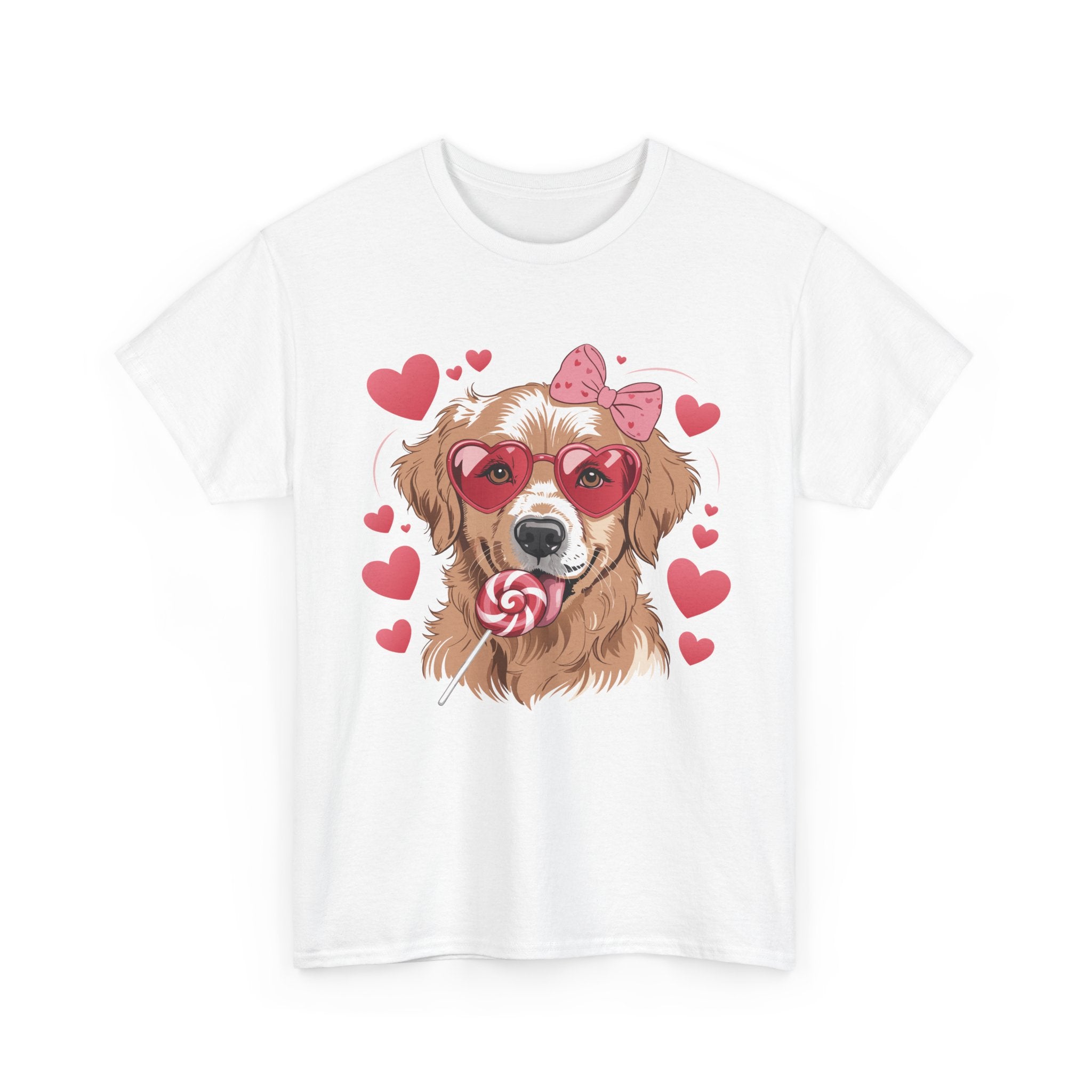 Valentine Dog T-Shirt — Cute Pup with Heart Glasses, Pink Bow & Lollipop..Unisex Cotton Tee