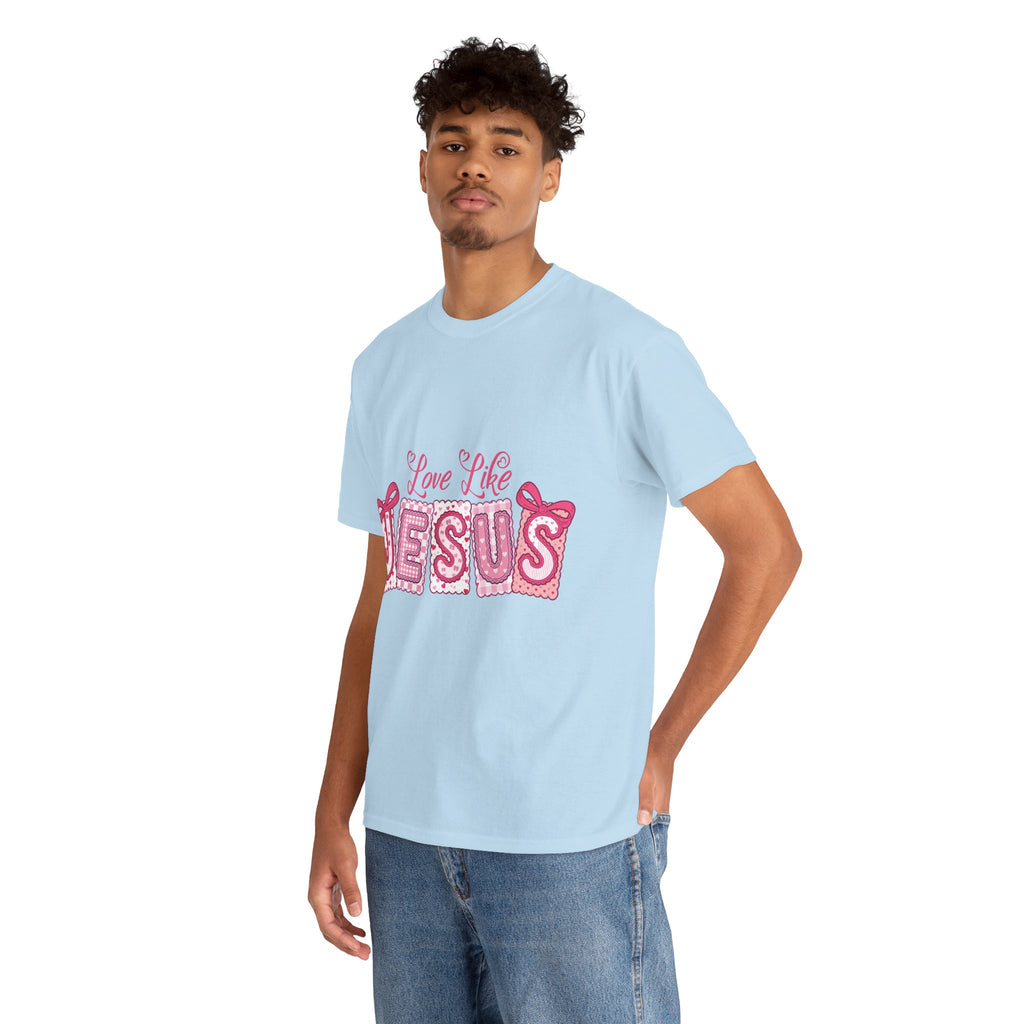Love Like Jesus Patchwork Tee — Pink Stitched Heart Graphic.Unisex Cotton Tee