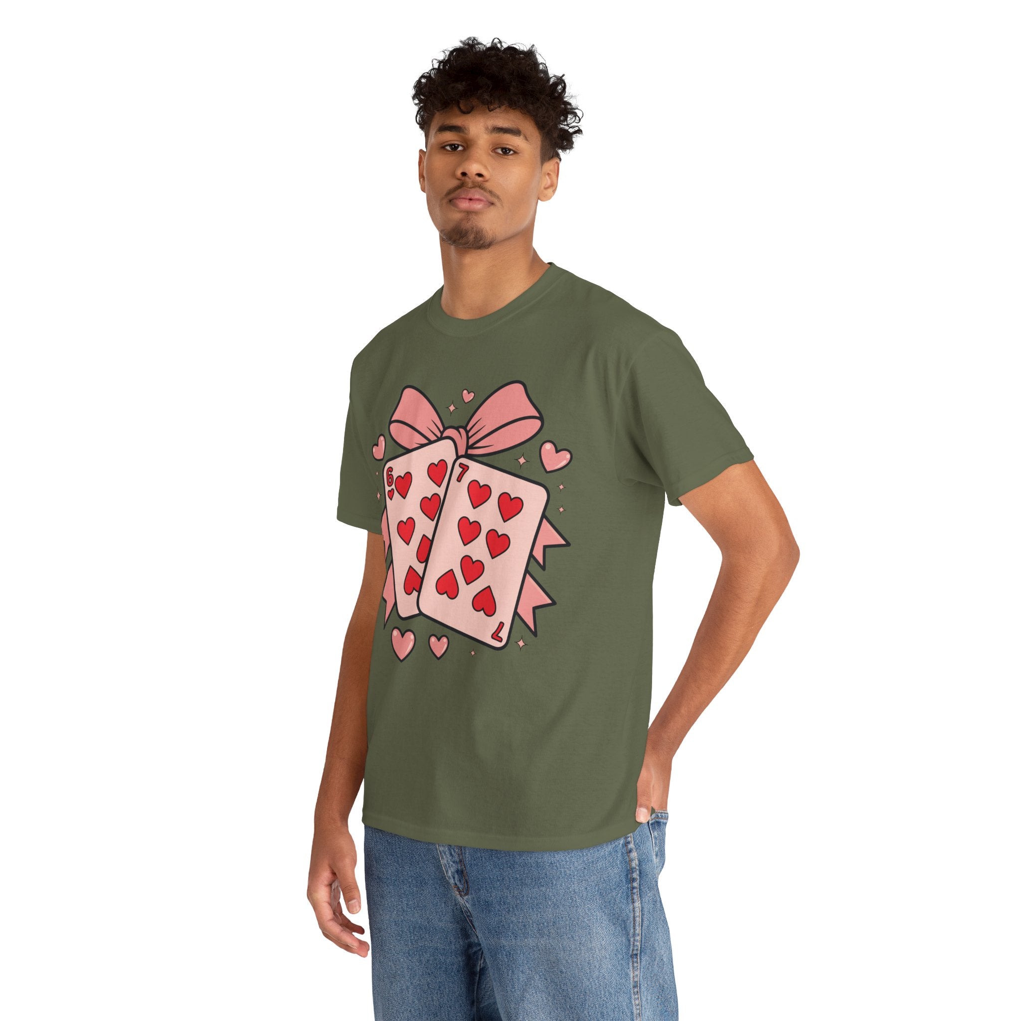 6 & 7 of Hearts T-Shirt — Paired Playing Cards with Pink Bow Unisex Cotton Tee