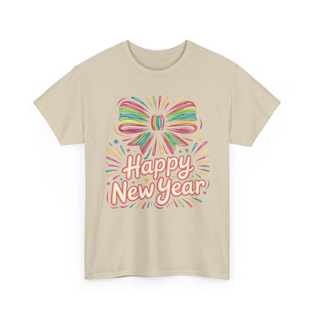Happy New Year Pastel Tee — Rainbow Bow & Fireworks Celebration Unisex Cotton Tshirt