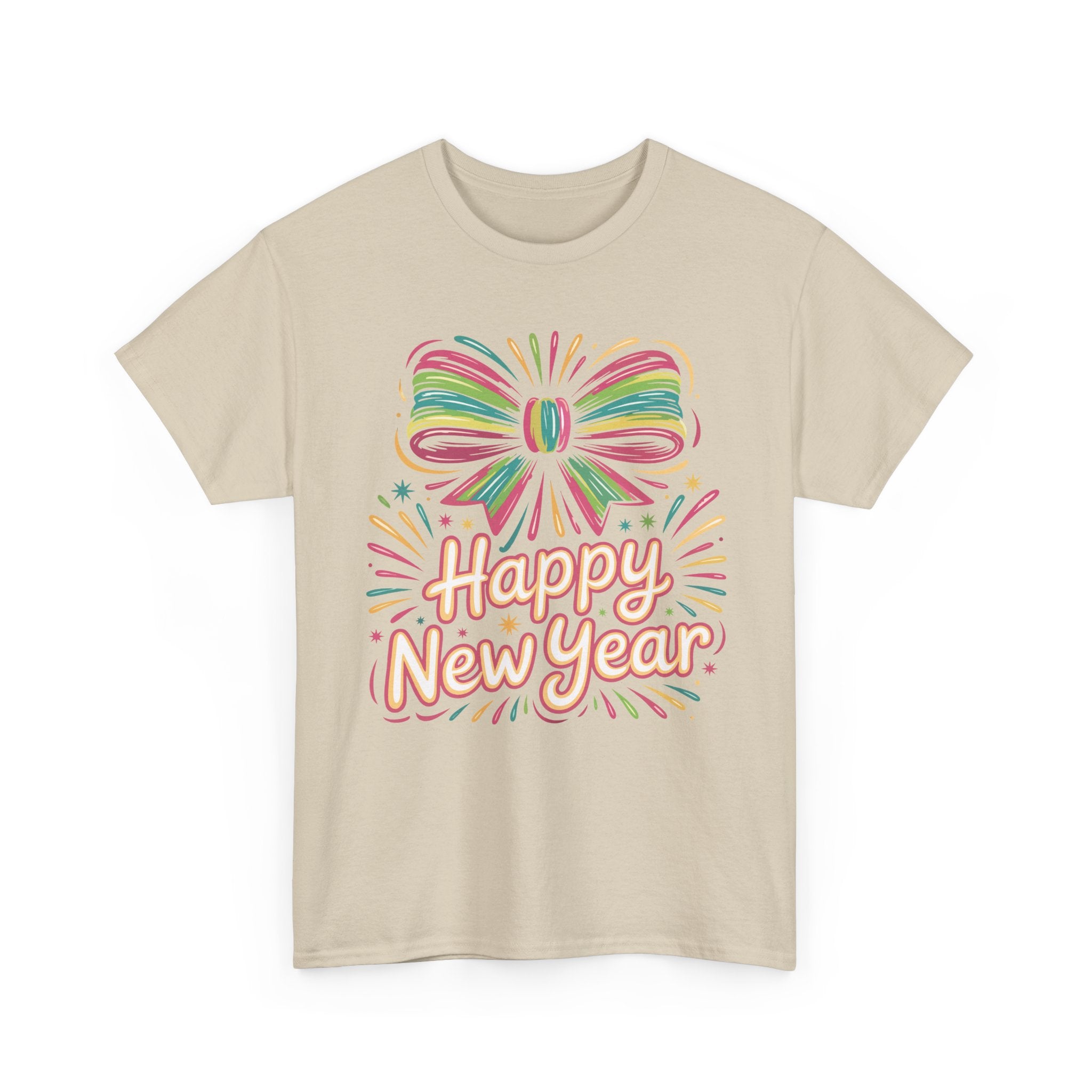 Happy New Year Pastel Tee — Rainbow Bow & Fireworks Celebration Unisex Cotton Tshirt