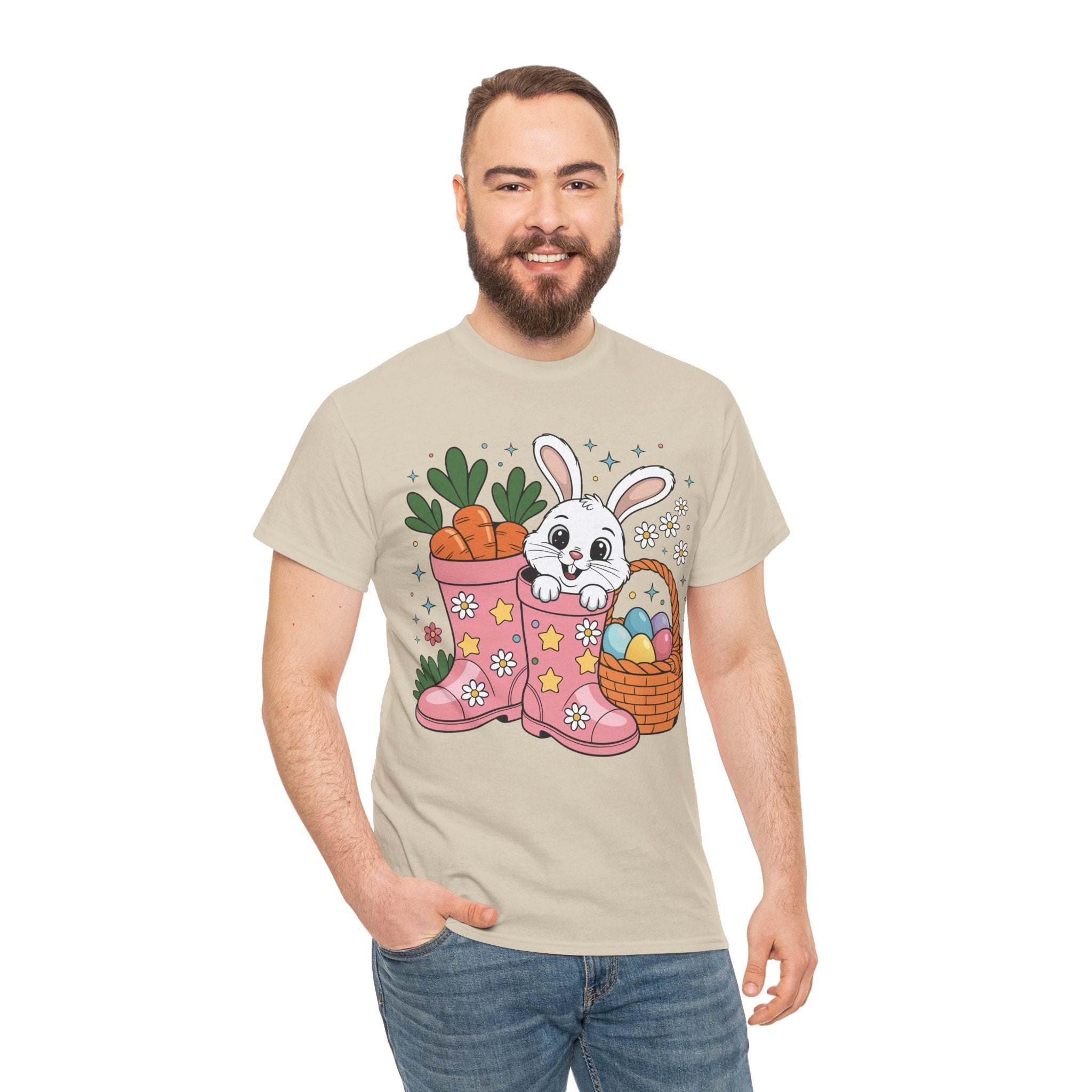 Easter Bunny in Pink Rain Boots T-Shirt — Cartoon Bunny, Carrots & Colorful Eggs Unisex Cotton Tee