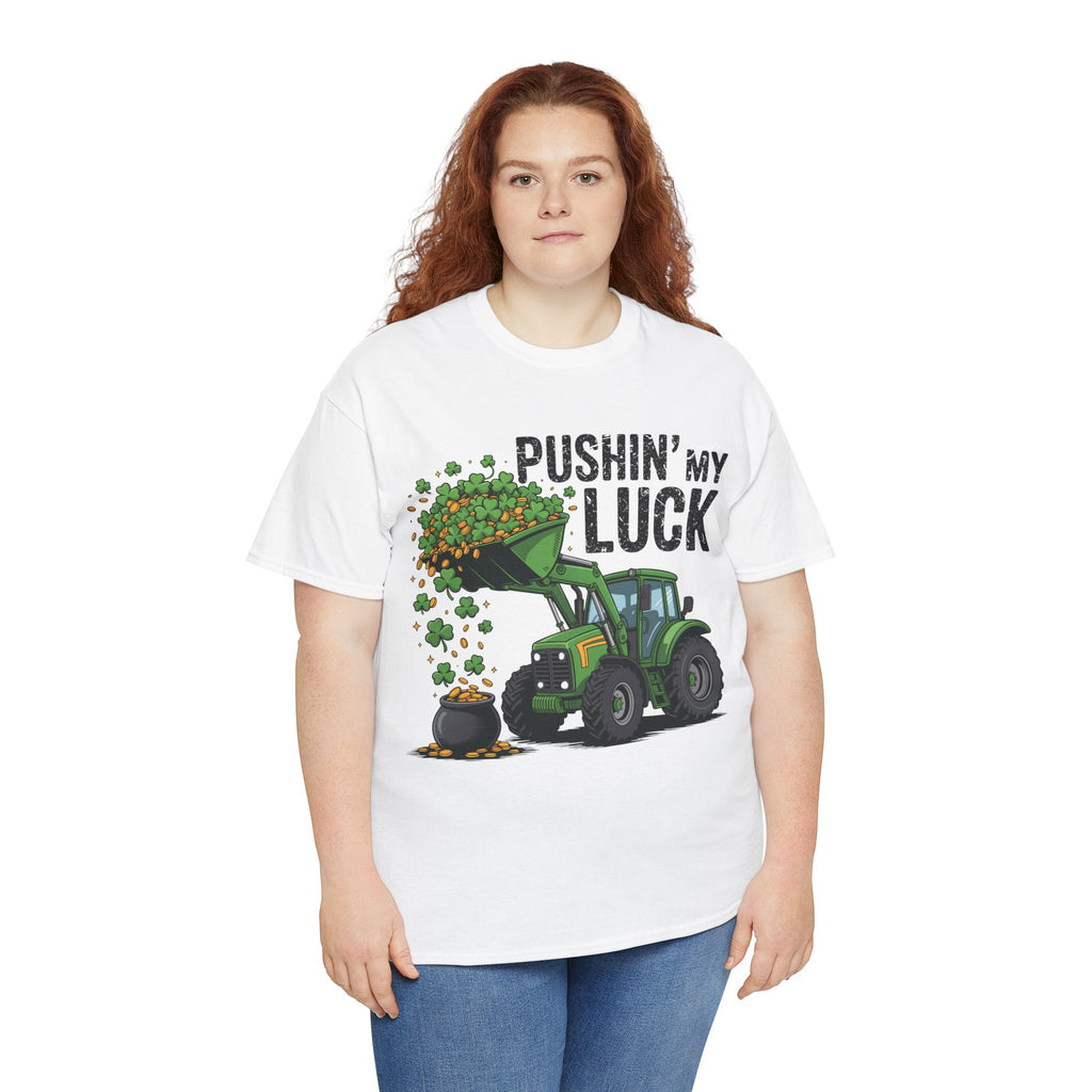 Pushin' My Luck Shamrock Tractor Tee — St. Patrick's Day Unisex Cotton T-Shirt