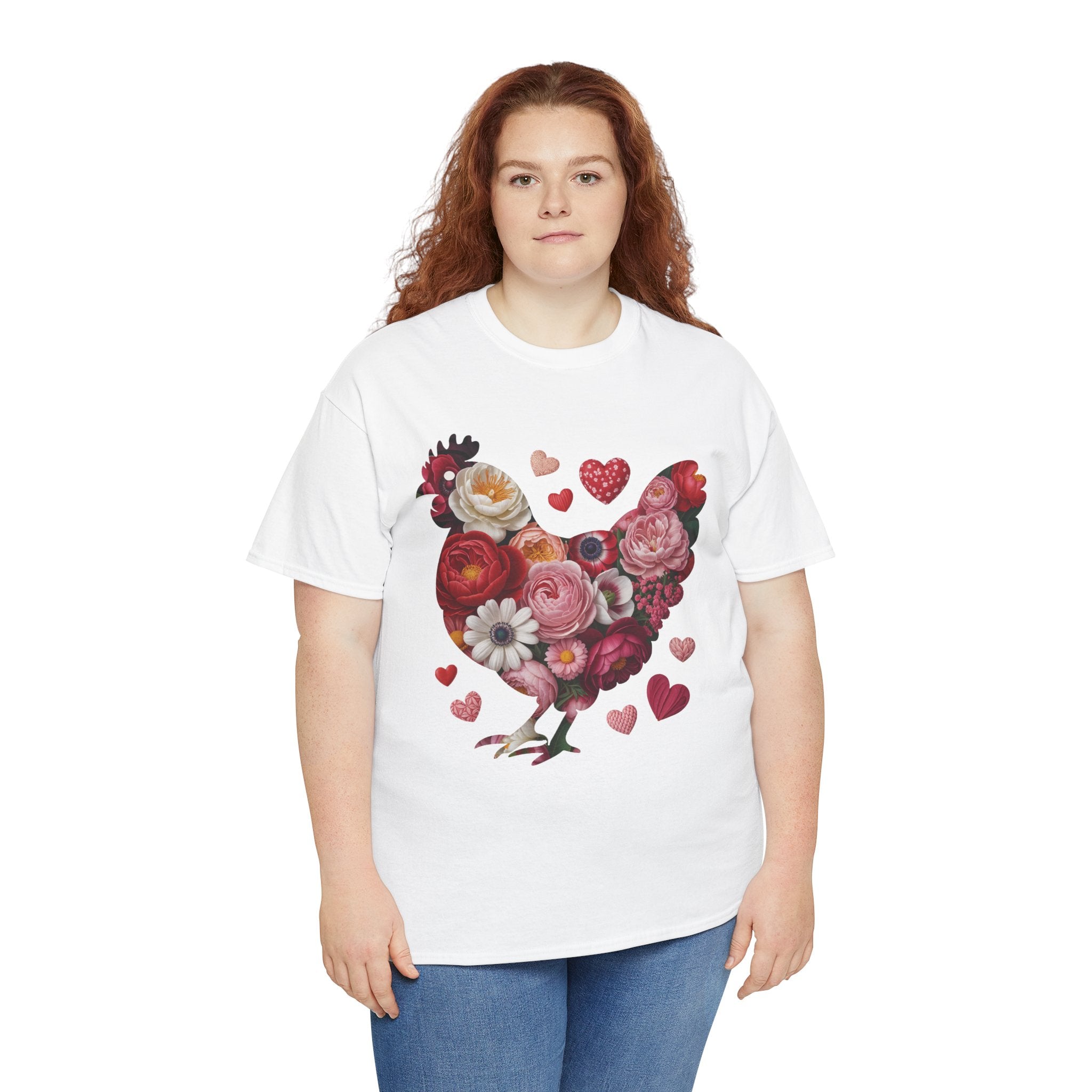 Floral Chicken Heart Tee — Red & Pink Flower Silhouette Unisex Cotton Tee