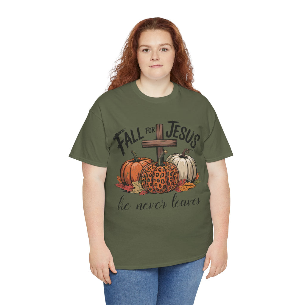 Fall for Jesus Pumpkin Cross Tee — "He Never Leaves" Autumn Christian Unisex Cotton T-Shirt