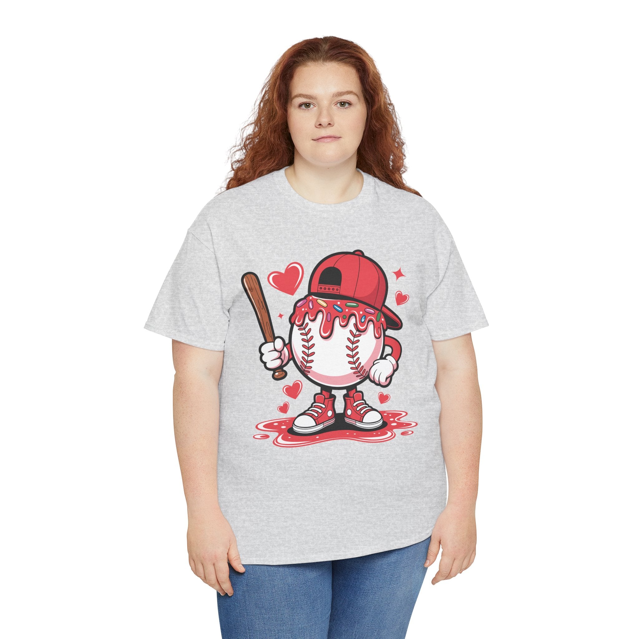 Cute Baseball Character T-Shirt — Red Cap & Icing Top Graphic with Hearts Unisex Cotton Tee