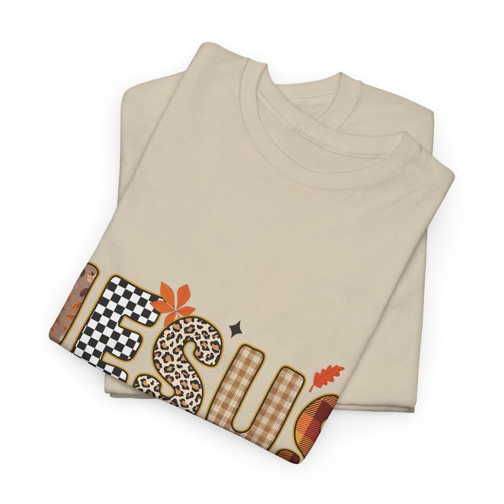Jesus Is My Favorite Season Tee — Autumn Plaid & Leopard Lettering Unisex Cotton Tee