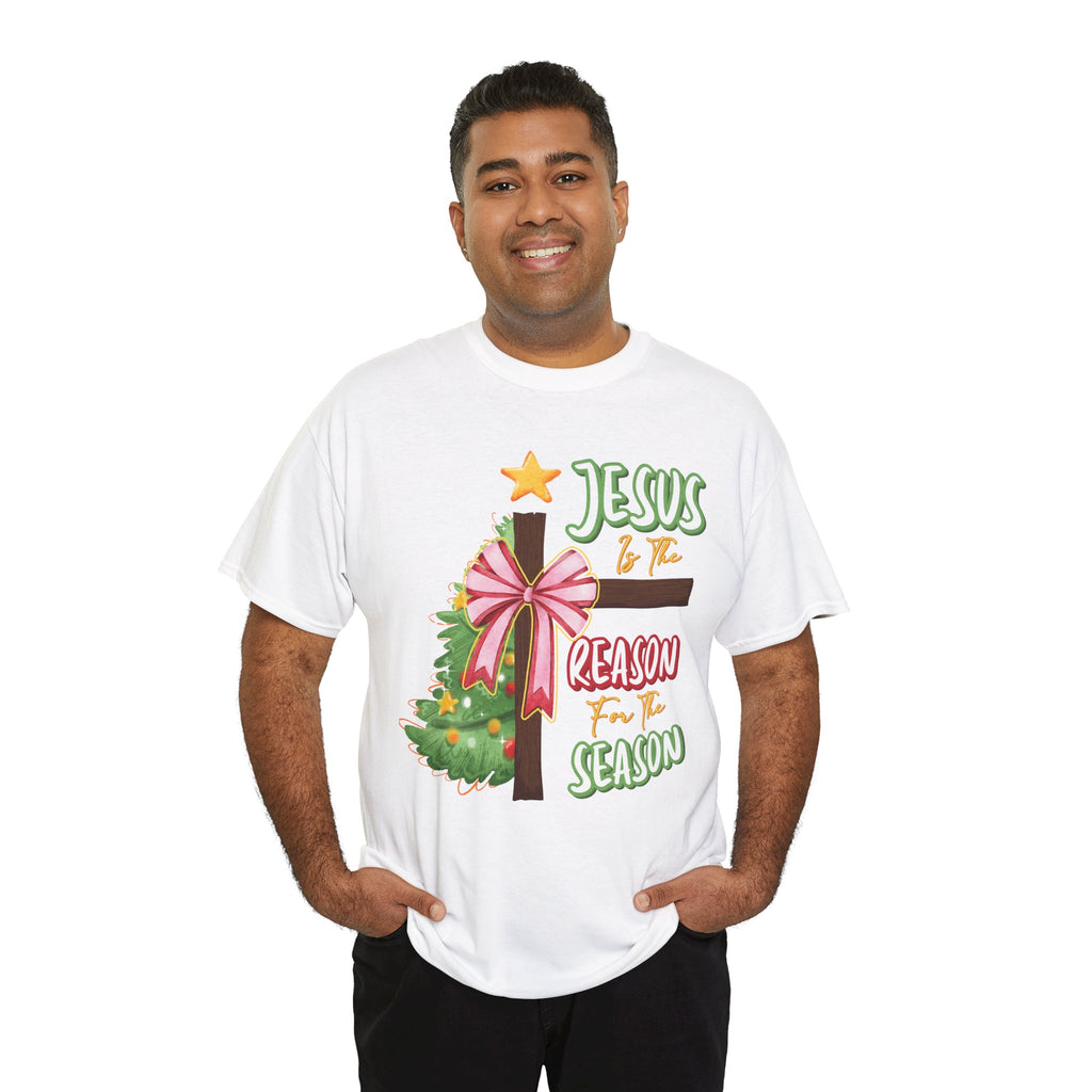 Jesus Is the Reason for the Season Christmas Tee — Cross with Pink Bow & Tree. Unisex Cotton Tee