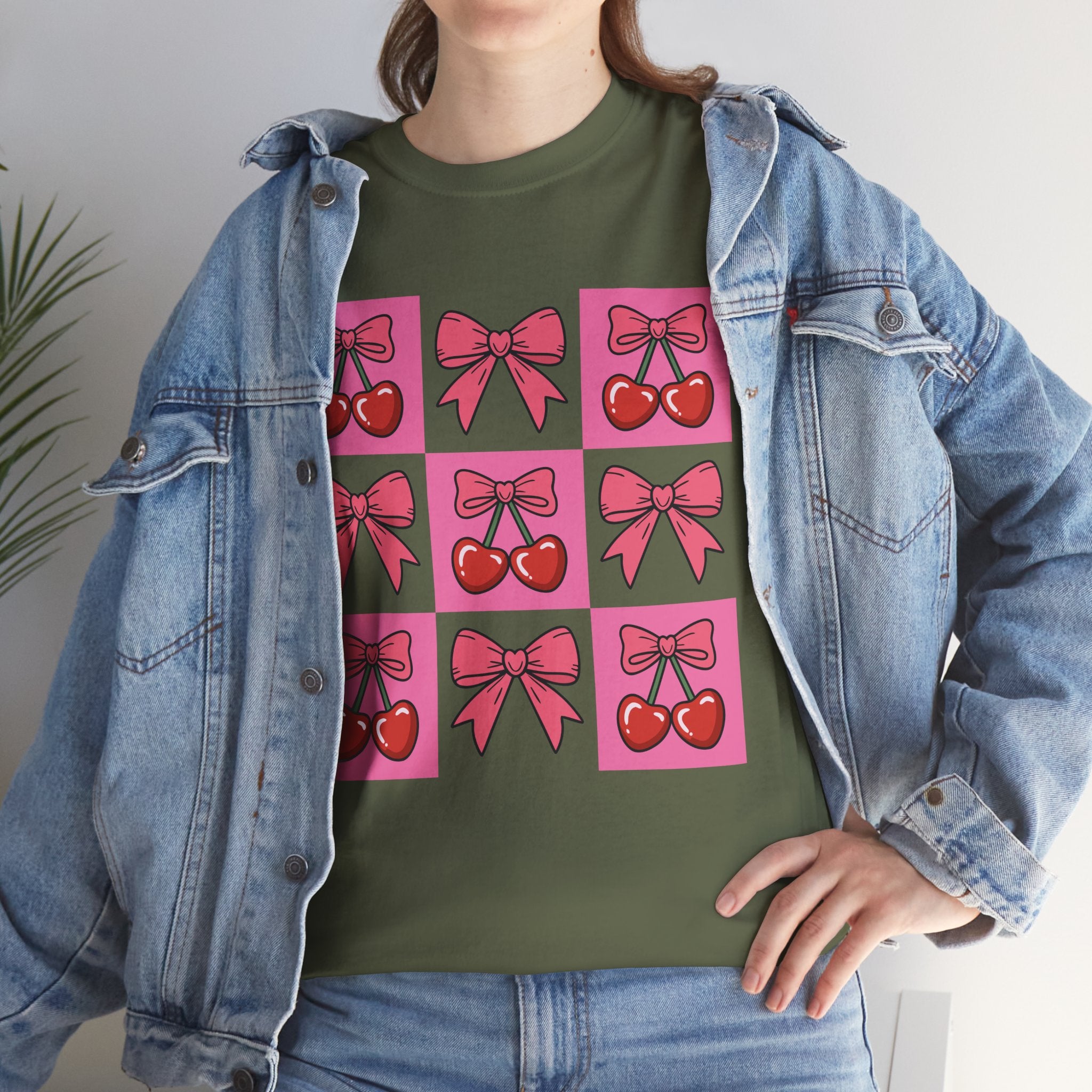 Cherry & Pink Bow Checkered Unisex Cotton Tee