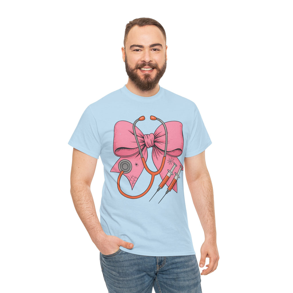 Halloween Nurse T‑Shirt — Pink Nurse Bow with Stethoscope, Syringes & Spider Webs..Unisex Cotton Tee