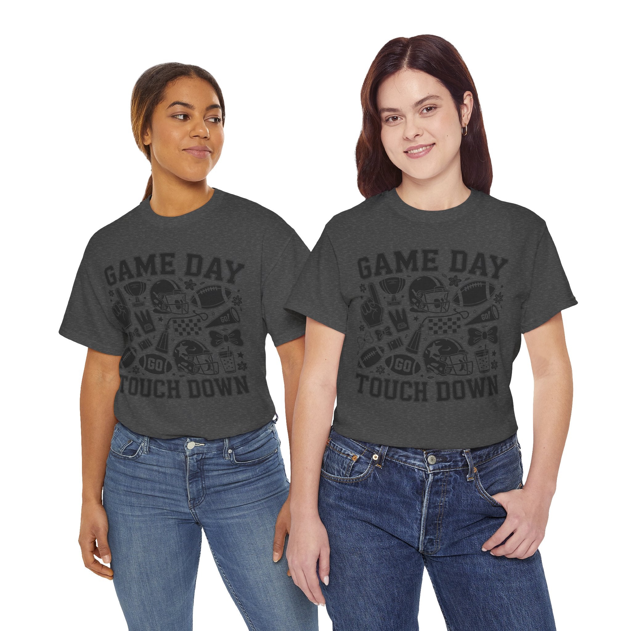 Game Day Touch Down Football T‑Shirt — Helmet & Cheer Monochrome Design Unisex Cotton Tee