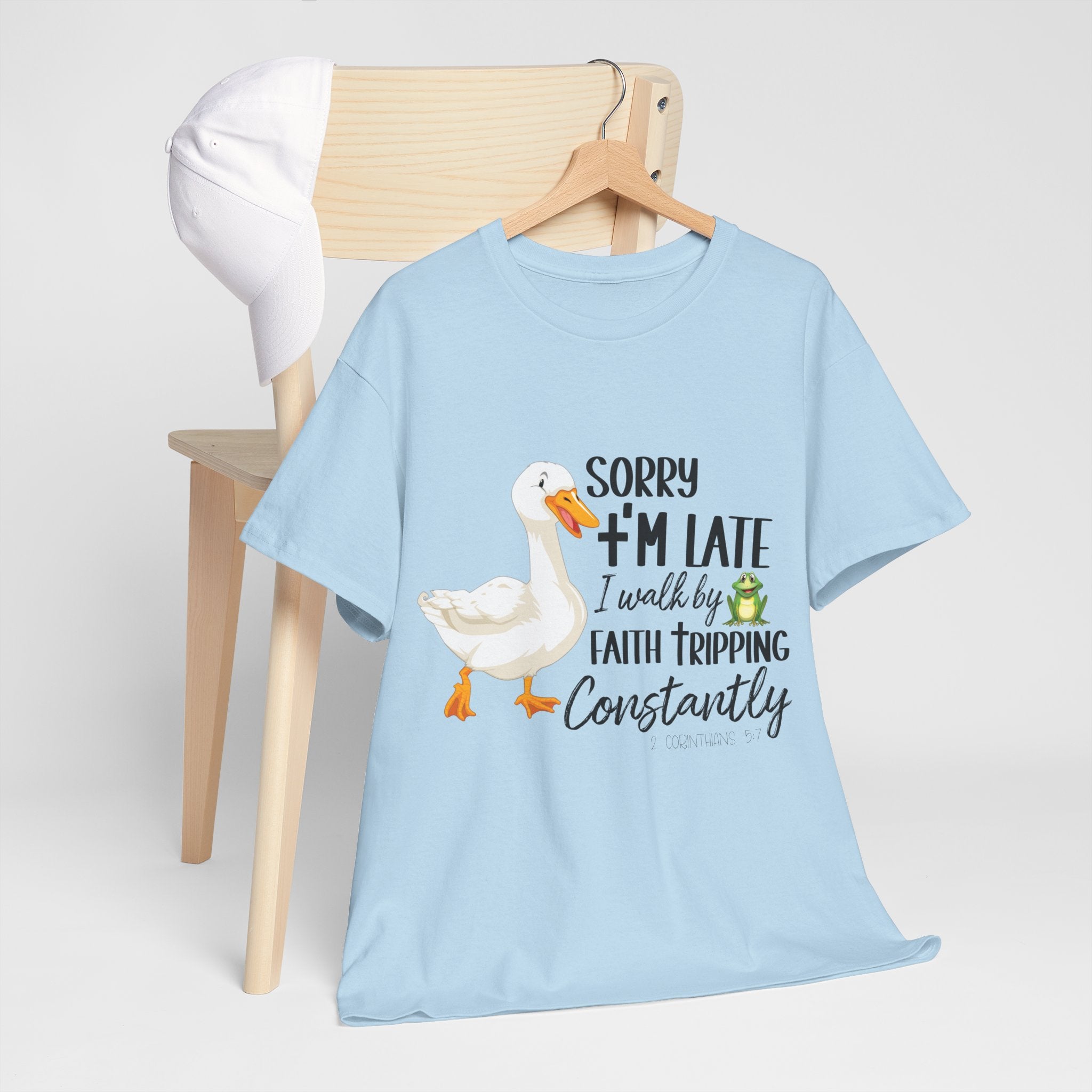 Christian Humor T-Shirt — “Sorry I’m Late, I Walk by Faith Tripping Constantly” (Duck & Frog). Unisex Cotton Tee