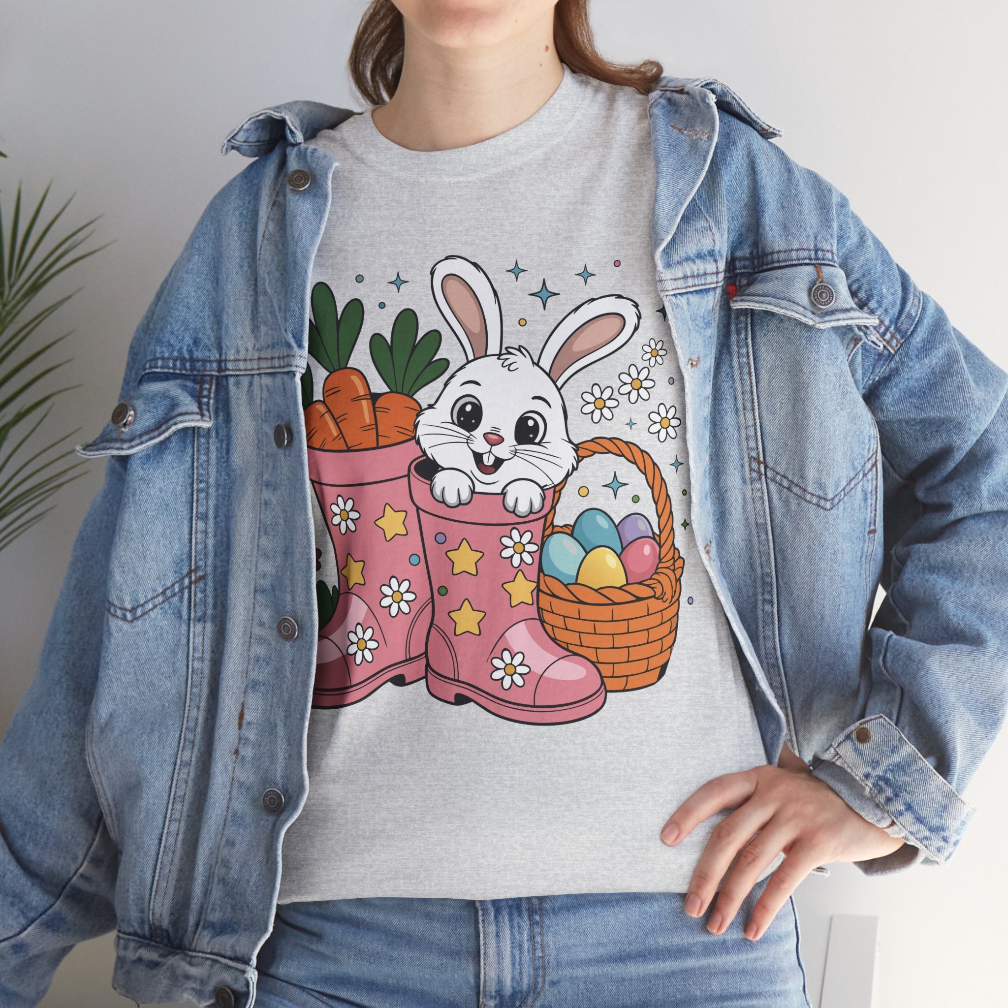 Easter Bunny in Pink Rain Boots T-Shirt — Cartoon Bunny, Carrots & Colorful Eggs Unisex Cotton Tee