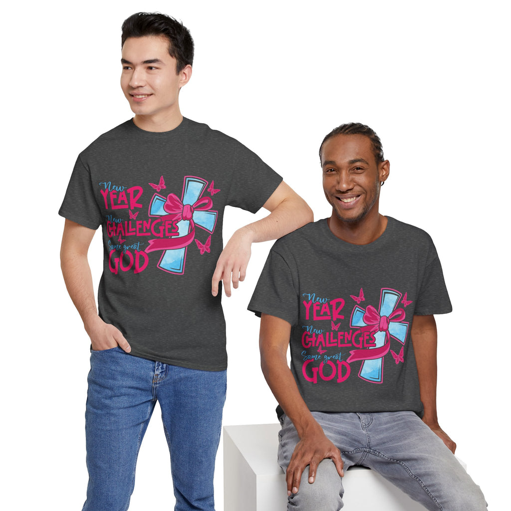 Christian T-Shirt — “New Year, New Challenges, Same Great God” with Pink Bow Cross & Butterflies. Unisex Cotton Tee