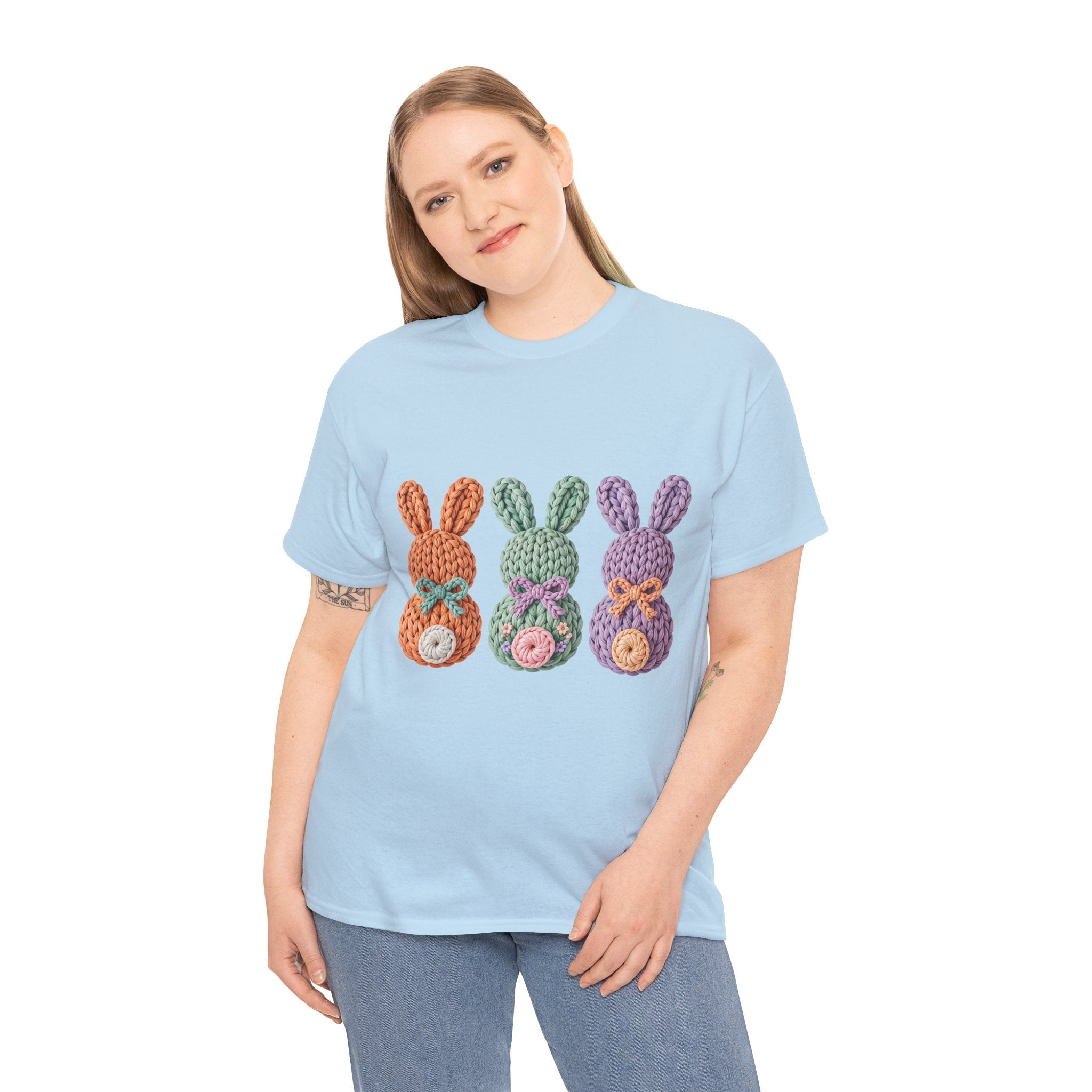 Pastel Crochet Bunny Tee — Trio of Faux Knit Bunnies with Bows & Flowers Unisex Cotton Tee