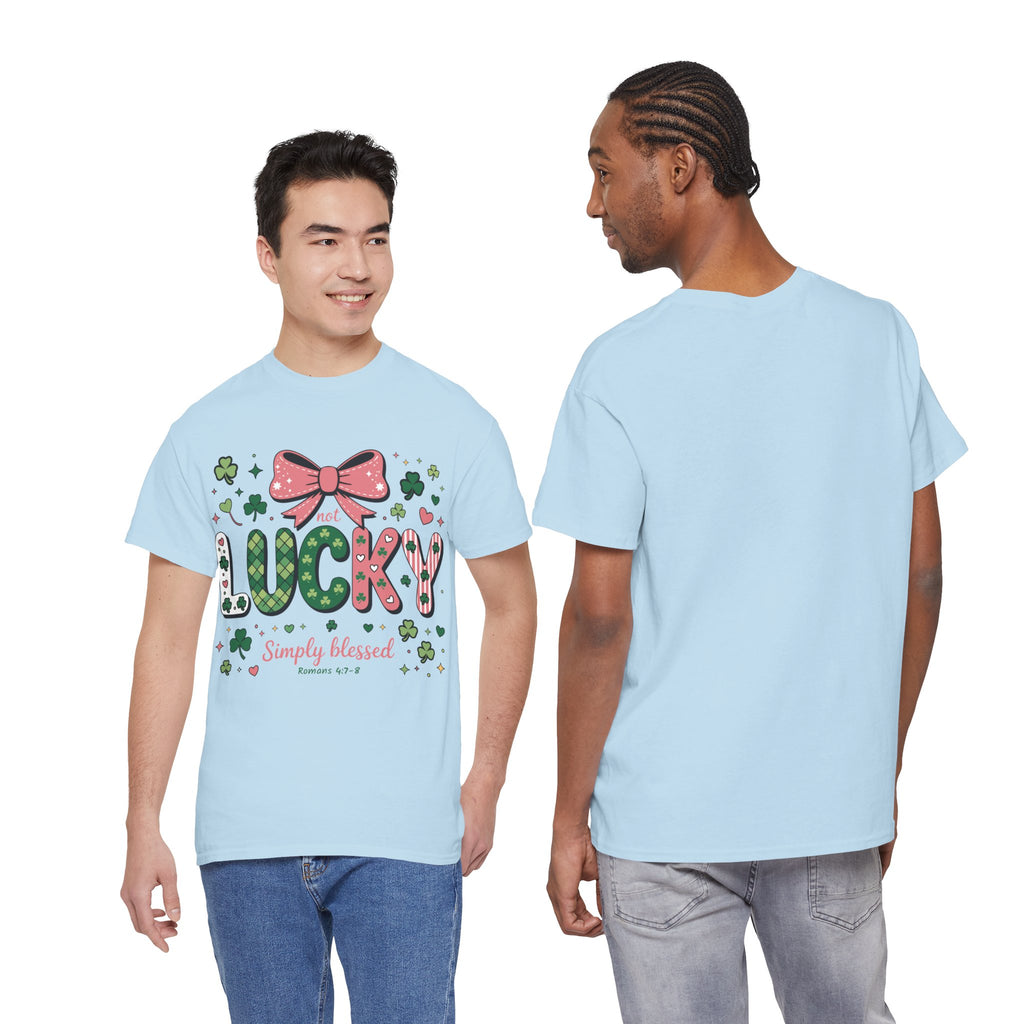 Simply Blessed Tee — “Not Lucky, Simply Blessed” with Pastel Bow, Clovers & Romans 4:7-8 Unisex Cotton Tee