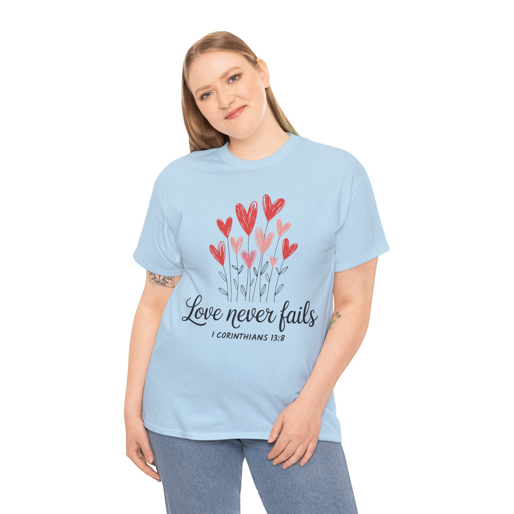 Christian Valentine T-Shirt — "Love Never Fails" (1 Corinthians 13:8) Unisex Cotton Tee