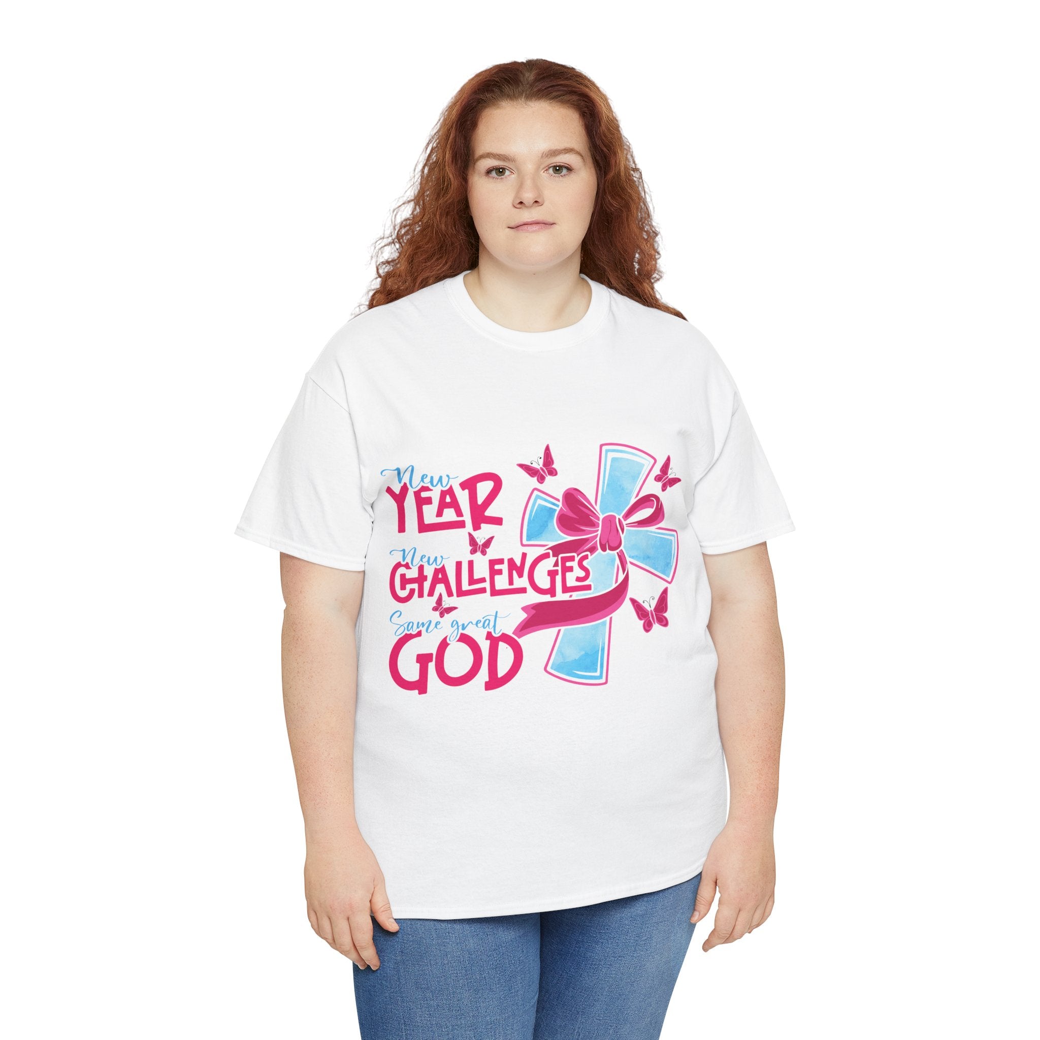 Christian T-Shirt — “New Year, New Challenges, Same Great God” with Pink Bow Cross & Butterflies. Unisex Cotton Tee