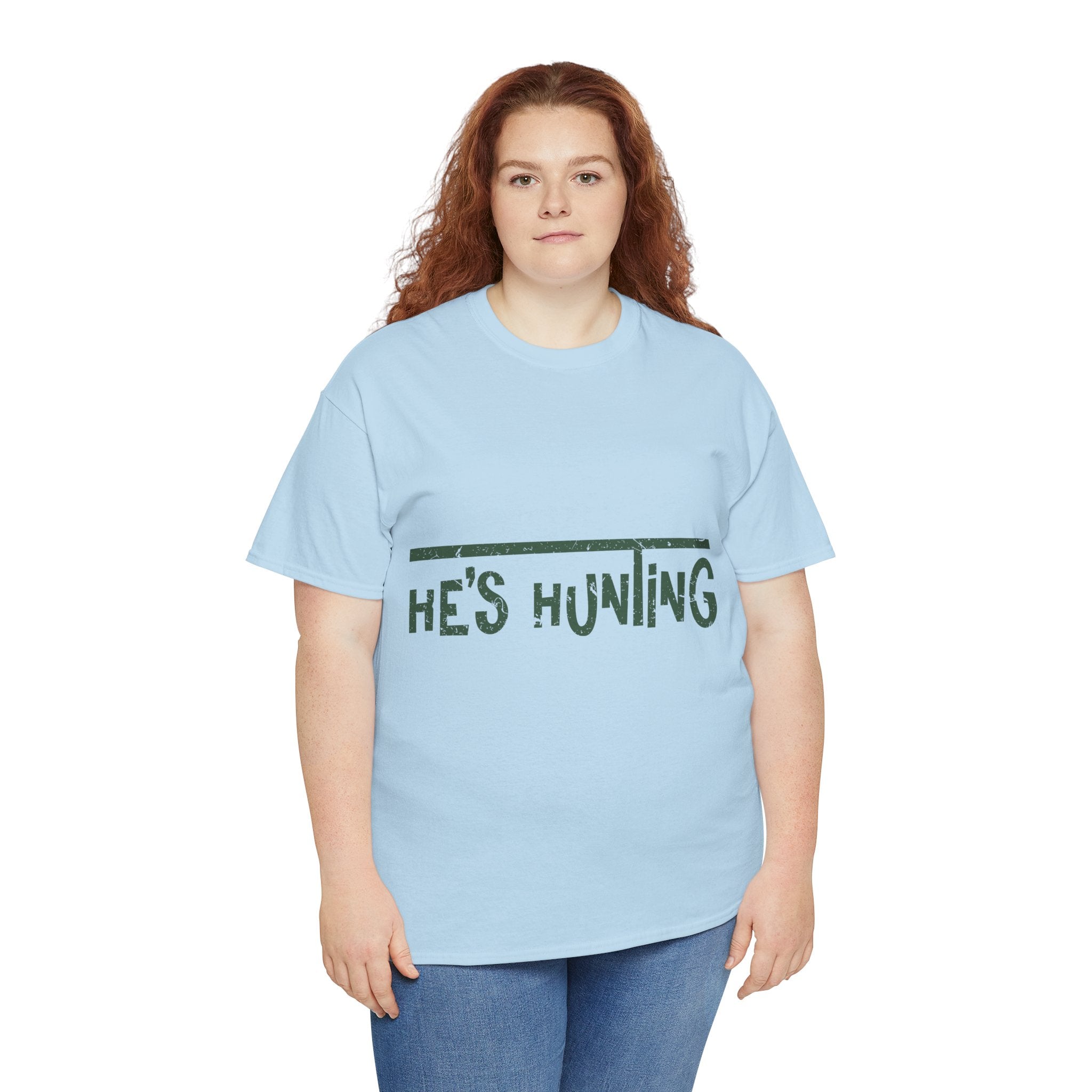 He’s Hunting Distressed Tee — Minimalist Tan Hunting Unisex Cotton Tshirt