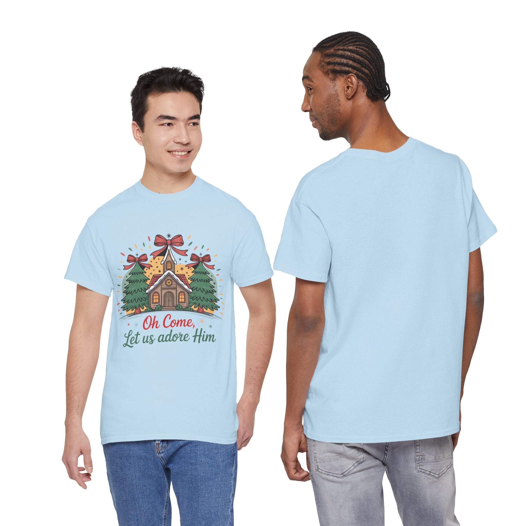 Oh Come Let Us Adore Him Christmas Tee — Church & Trees Holiday Unisex Cotton Tshirt