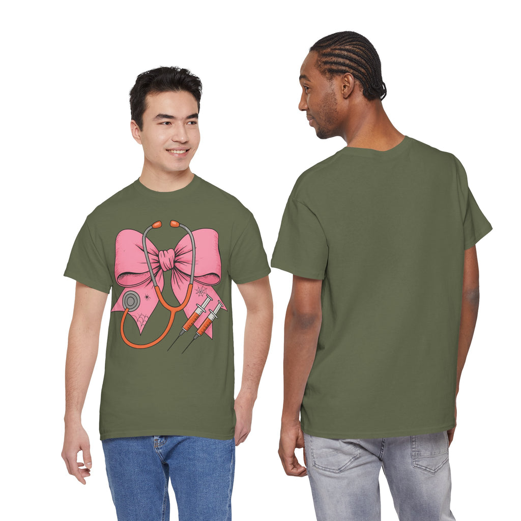 Halloween Nurse T‑Shirt — Pink Nurse Bow with Stethoscope, Syringes & Spider Webs..Unisex Cotton Tee
