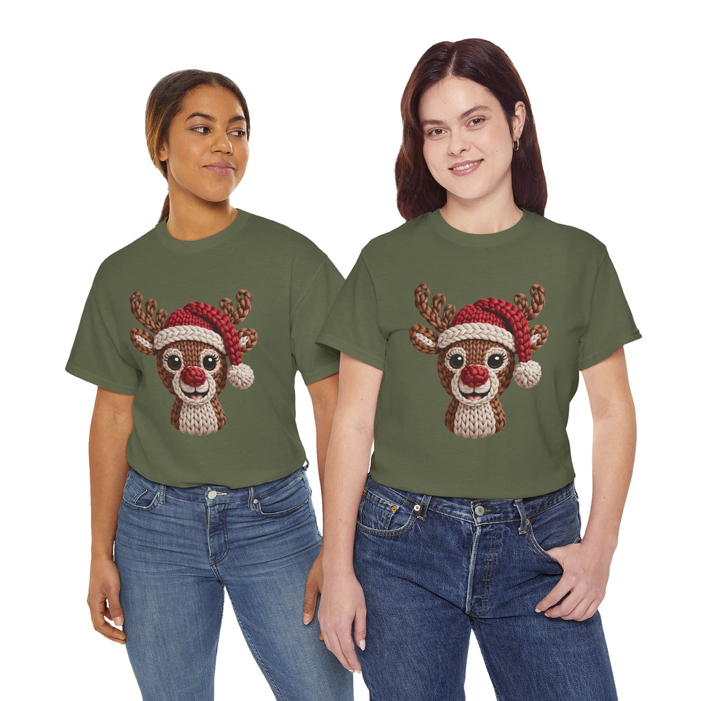 Reindeer in Santa Hat Cotton Tee — Joyful Faux-Yarn Holiday Unisex Coton T-Shirt