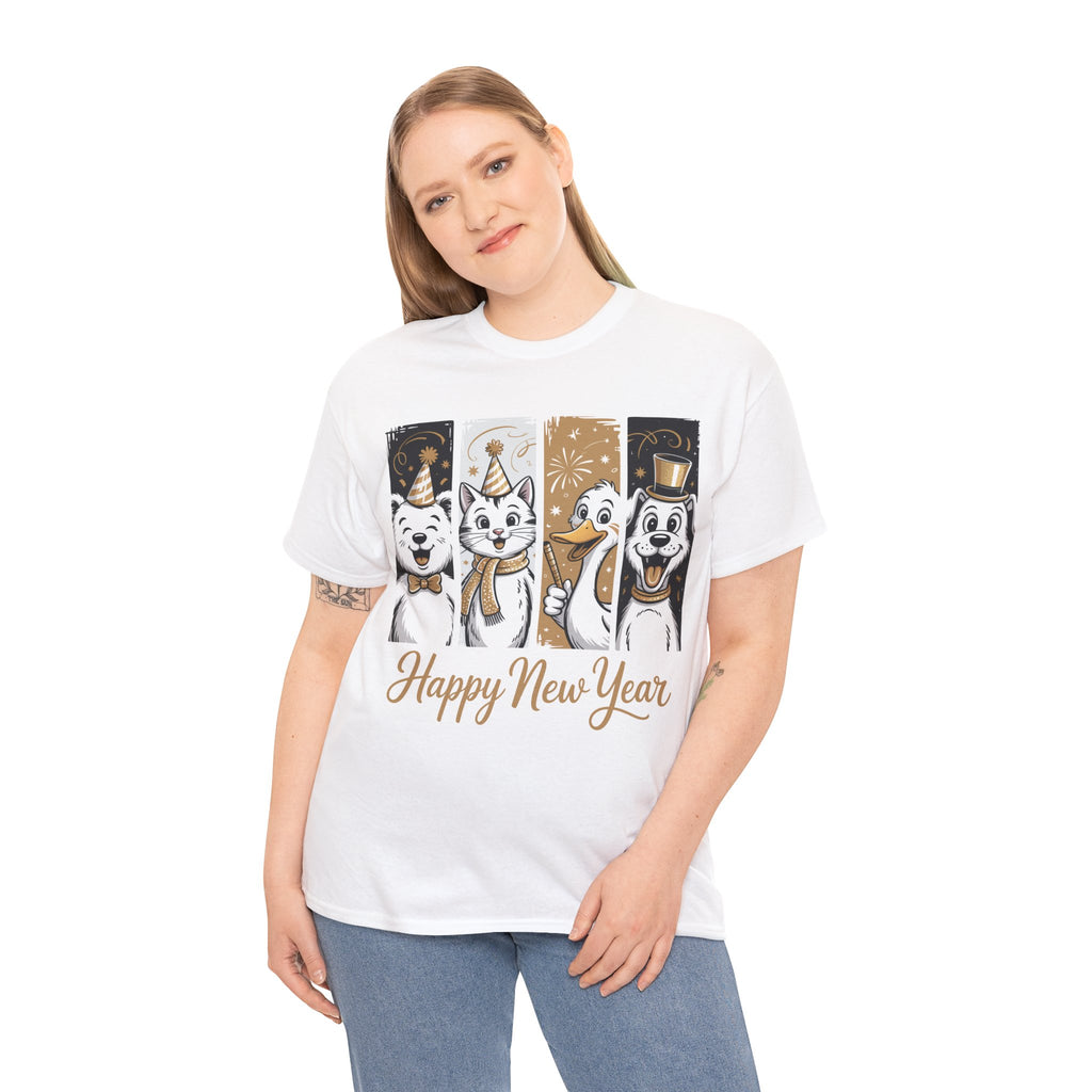 Happy New Year Party Animals T-Shirt — Cute Smiling Animals in Party Hats & Gold Fireworks..Unisex Cotton Tee