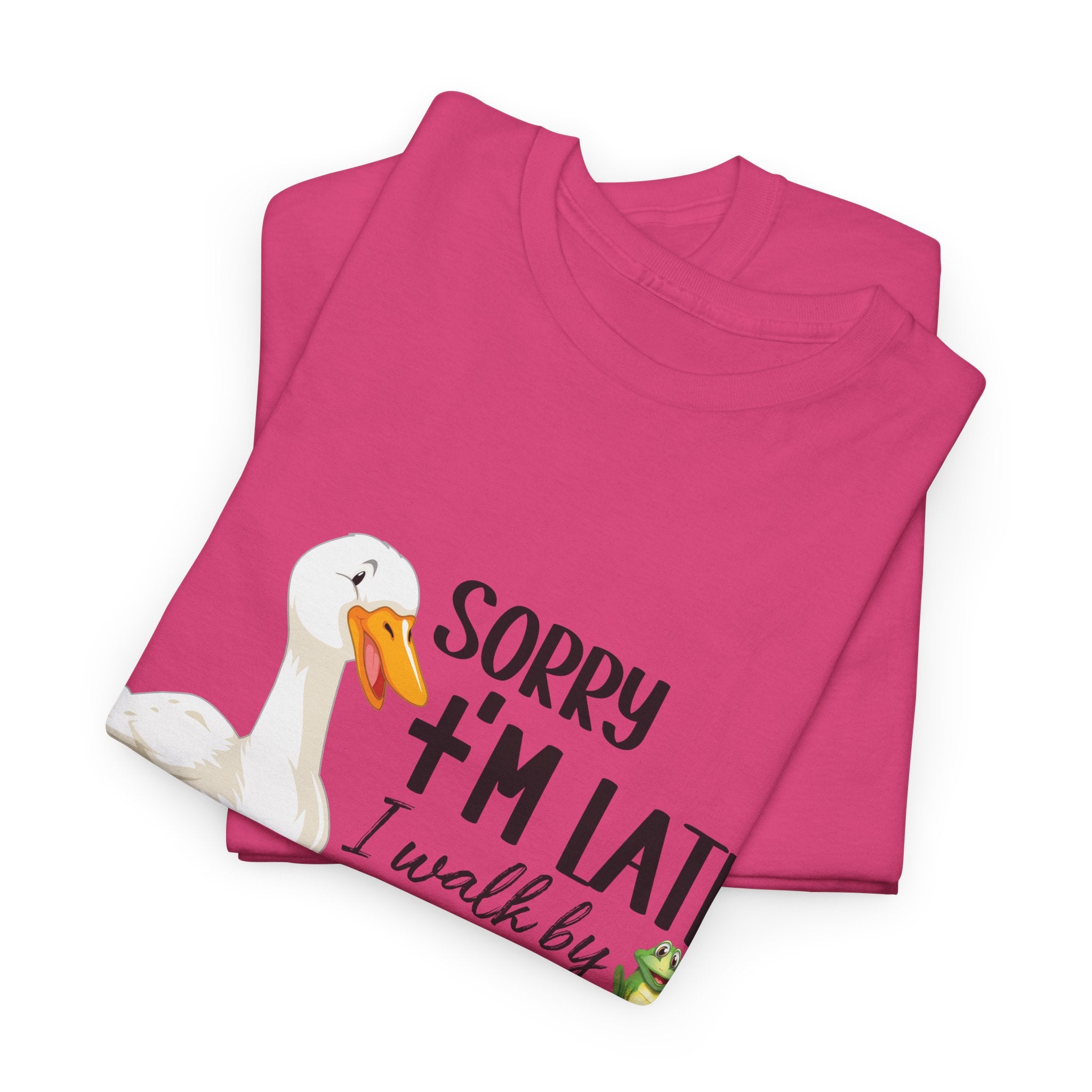 Christian Humor T-Shirt — “Sorry I’m Late, I Walk by Faith Tripping Constantly” (Duck & Frog). Unisex Cotton Tee