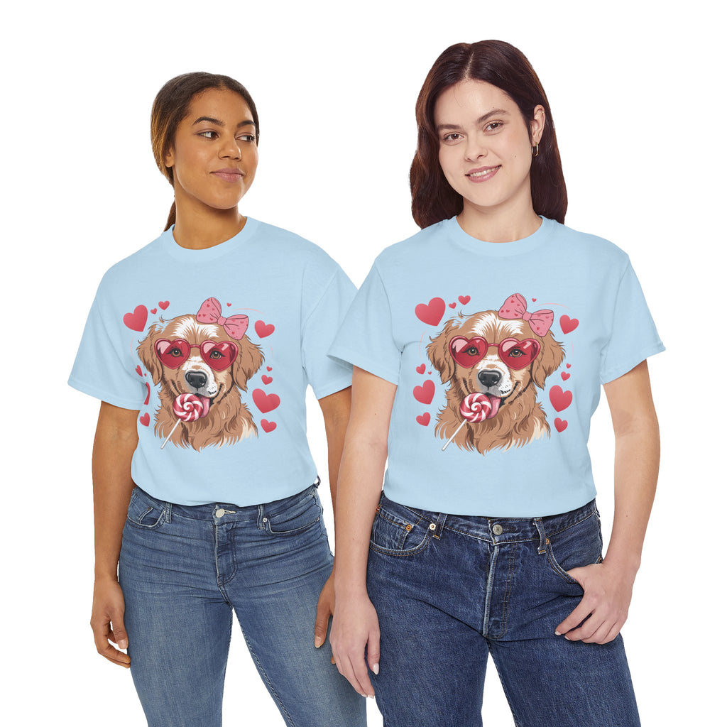 Valentine Dog T-Shirt — Cute Pup with Heart Glasses, Pink Bow & Lollipop..Unisex Cotton Tee