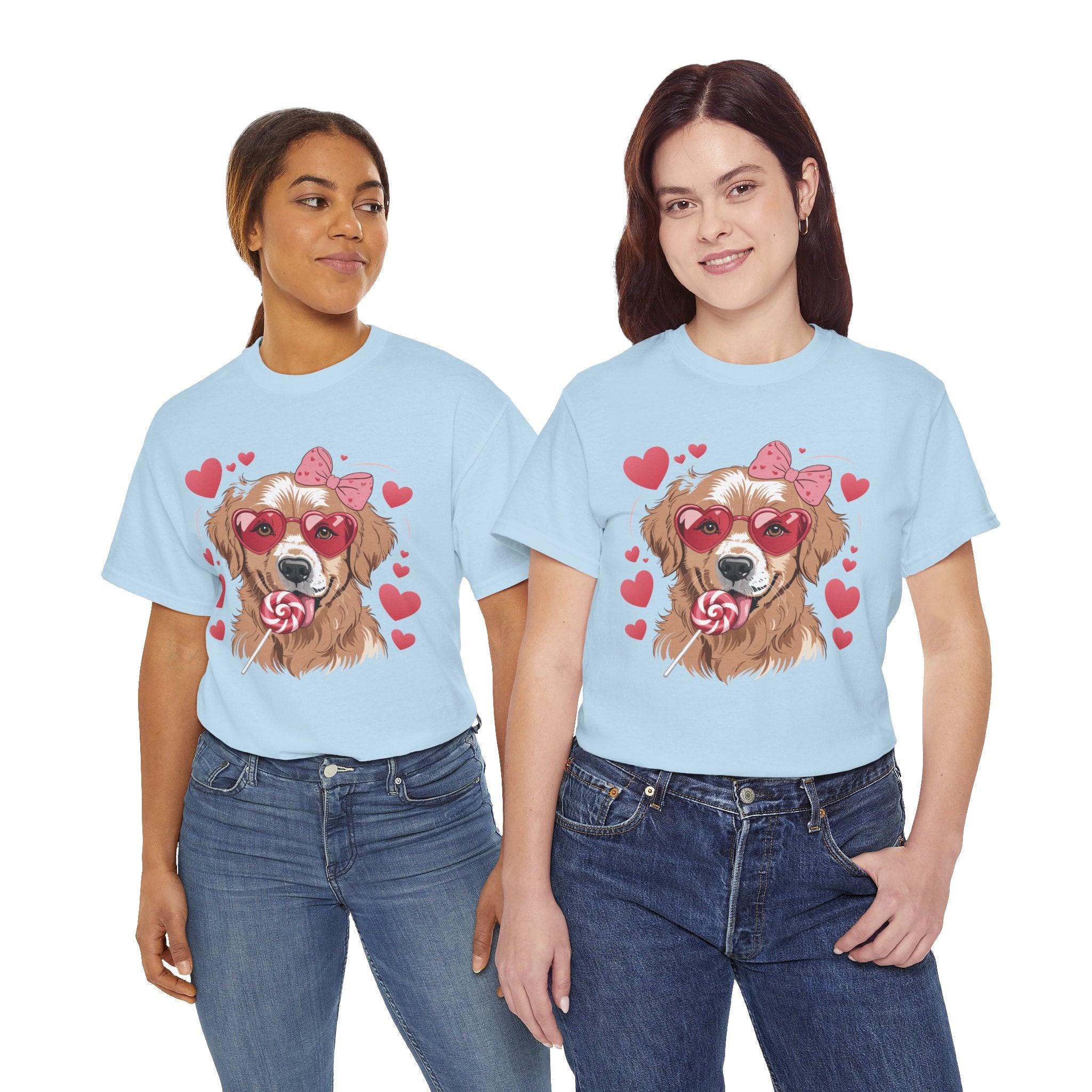 Valentine Dog T-Shirt — Cute Pup with Heart Glasses, Pink Bow & Lollipop..Unisex Cotton Tee
