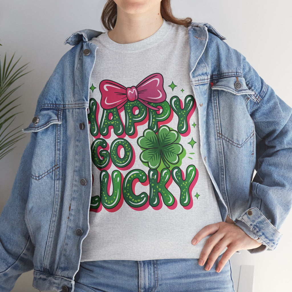 Happy Go Lucky Four-Leaf Clover Tee — Glossy Green Letters & Pink Bow Unisex Cotton Tee