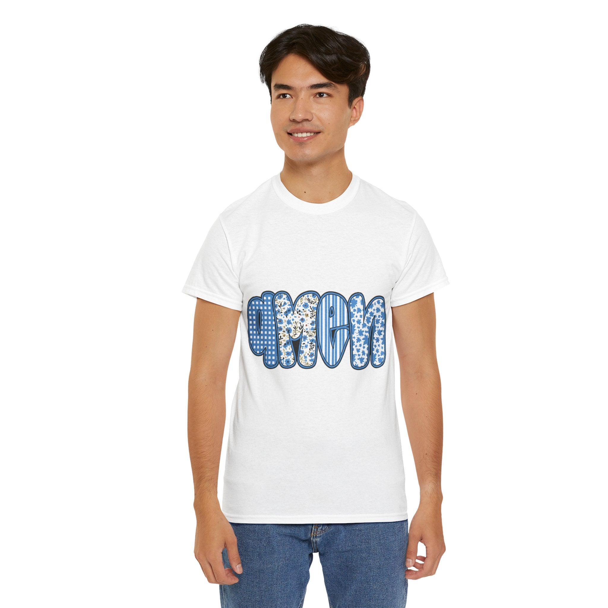 Amen Blue Floral Tee — Decorative Floral Lettering Christian Shirt Unisex Cotton Tee
