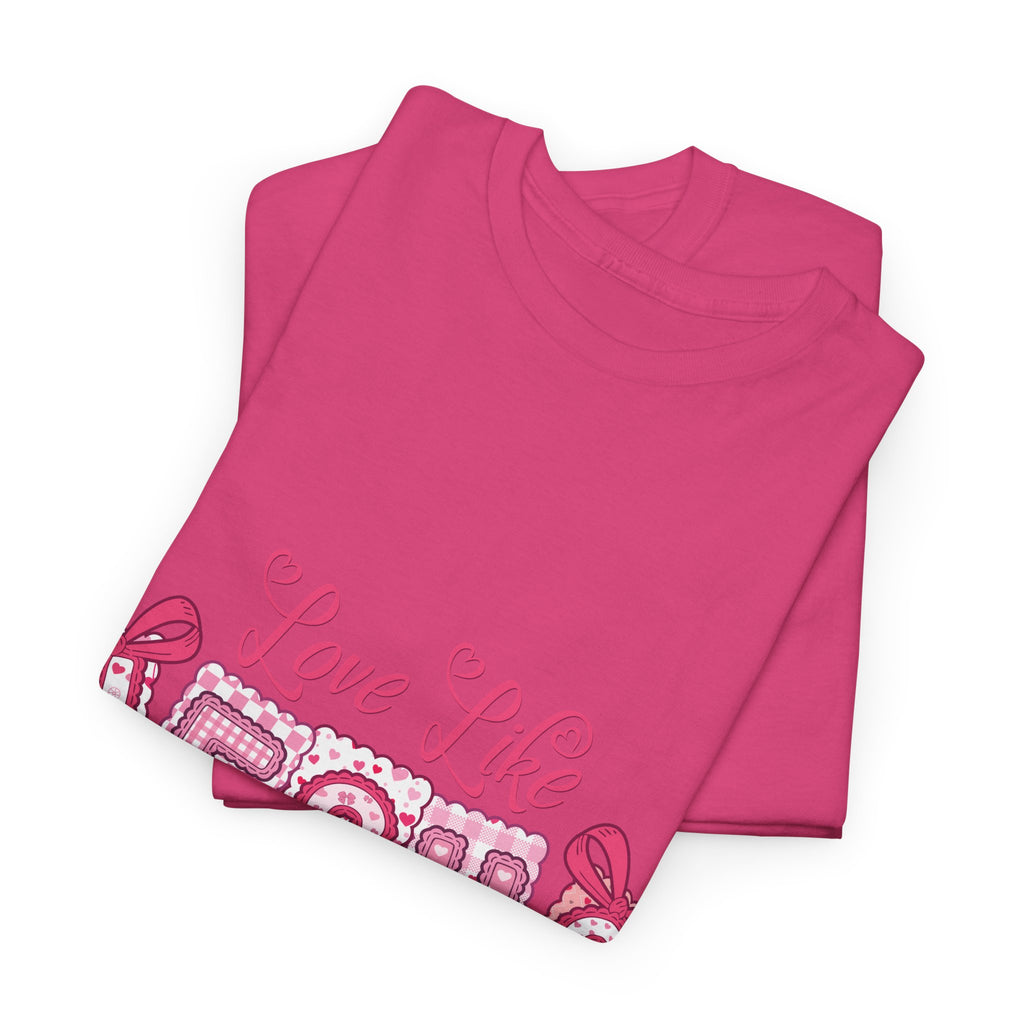 Love Like Jesus Patchwork Tee — Pink Stitched Heart Graphic.Unisex Cotton Tee