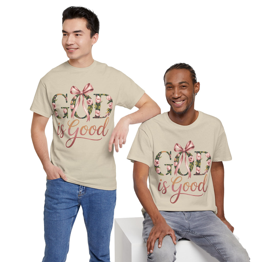 God Is Good Pink Rose Tee — Floral Ribbon Faith Unisex Cotton T-Shirt