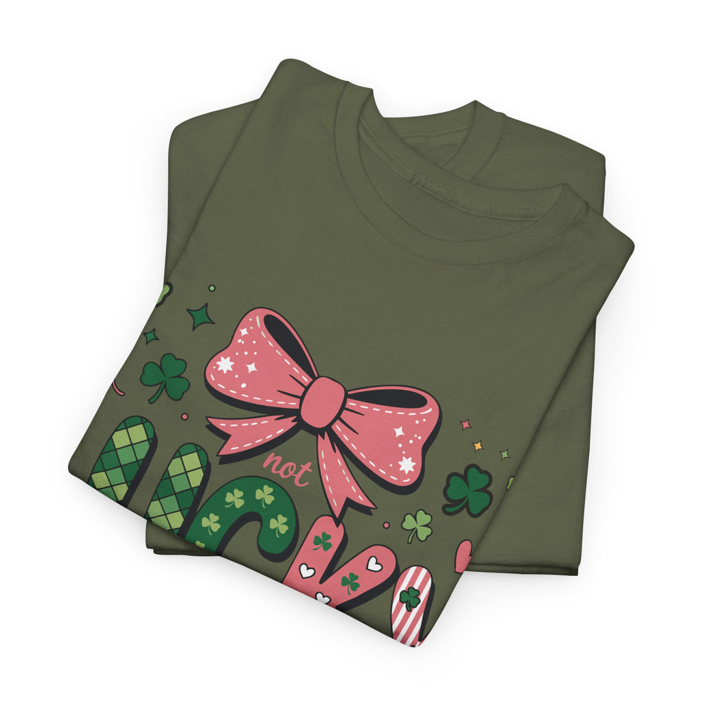 Simply Blessed Tee — “Not Lucky, Simply Blessed” with Pastel Bow, Clovers & Romans 4:7-8 Unisex Cotton Tee