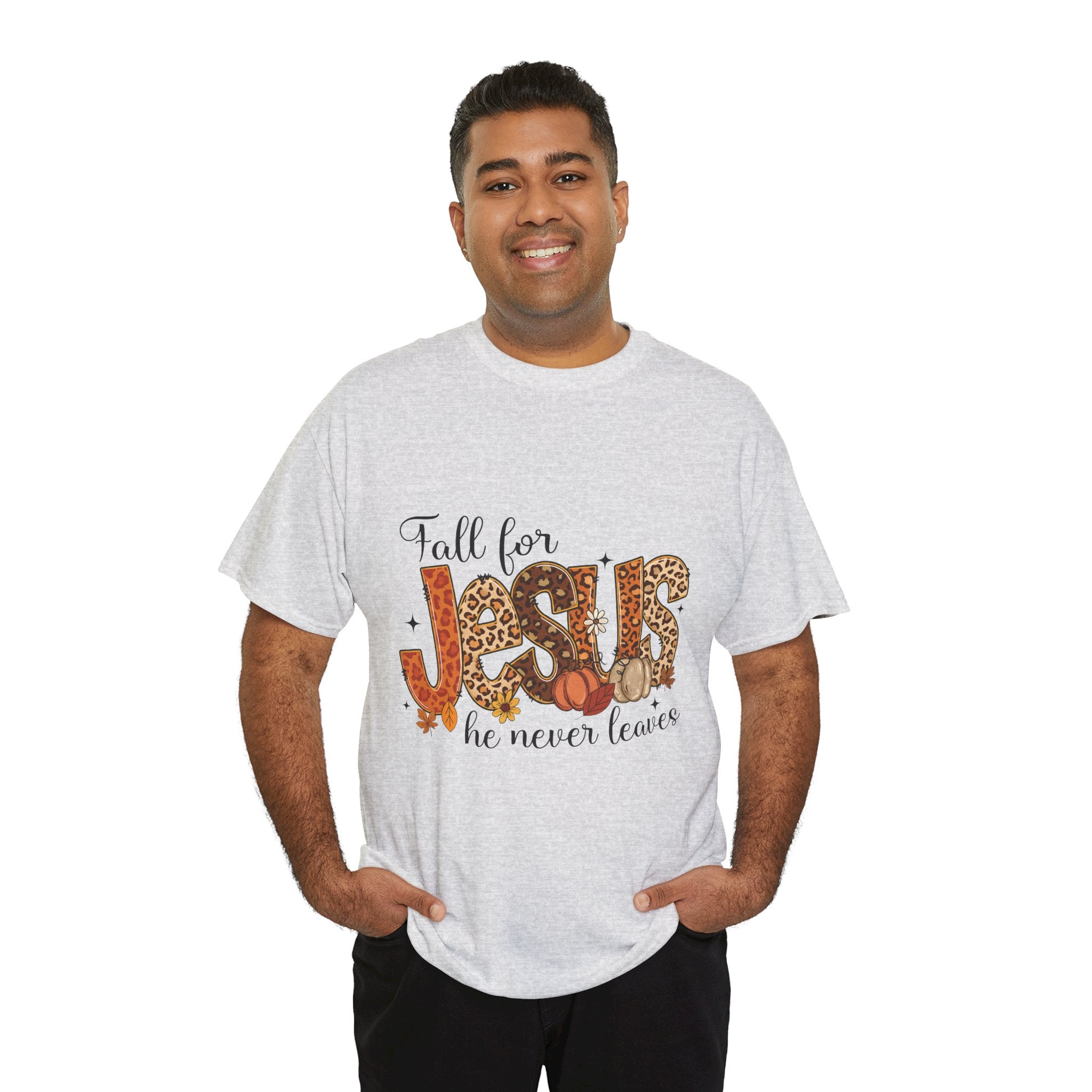 JESUS Leopard Print Fall T-Shirt — Pumpkins, Leaves & Floral Christian Unisex Cotton Tee