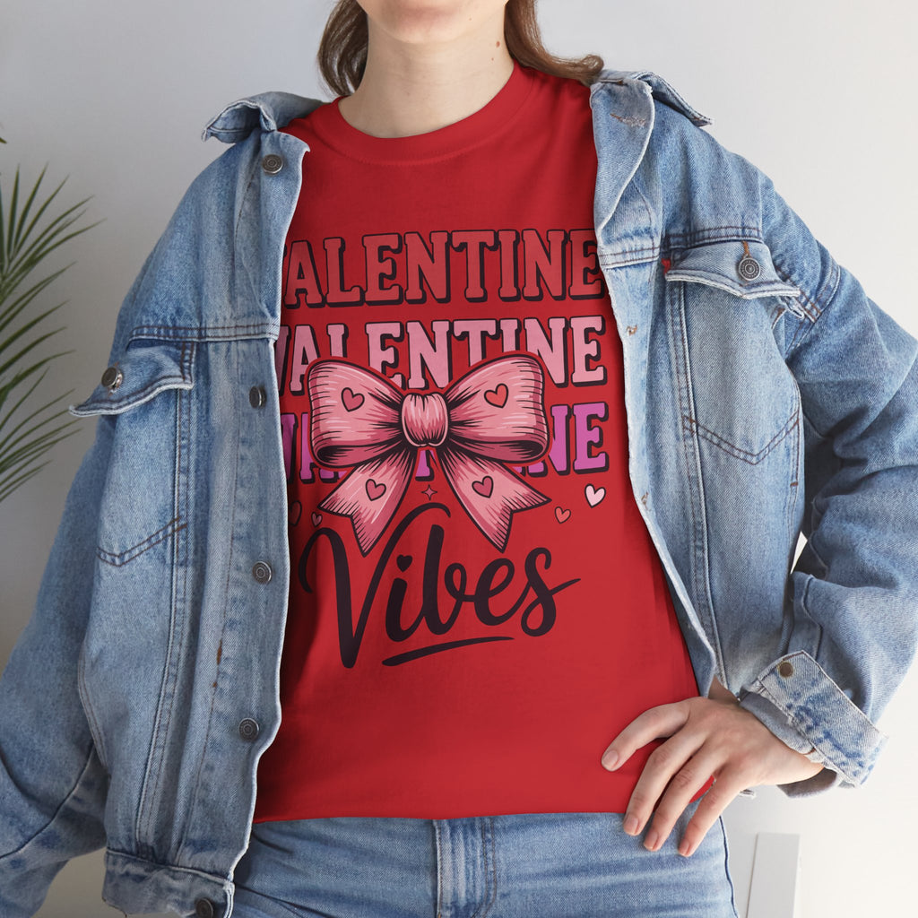 Valentine Vibes T-Shirt — Pink Bow Heart Graphic Unisex Cotton Tee