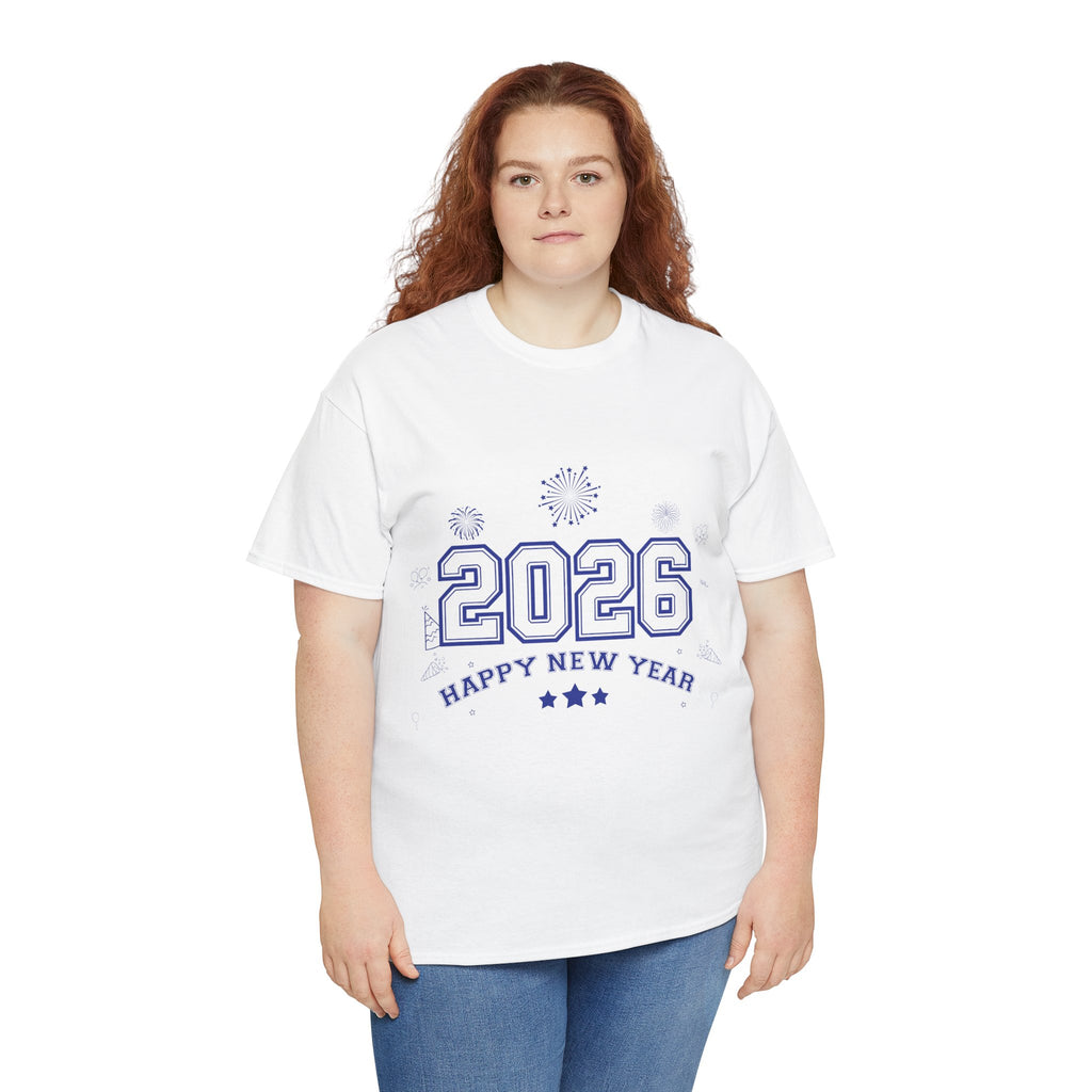 Happy New Year 2026 Varsity Tee — Fireworks & Confetti Celebration Unisex Cotton Tee