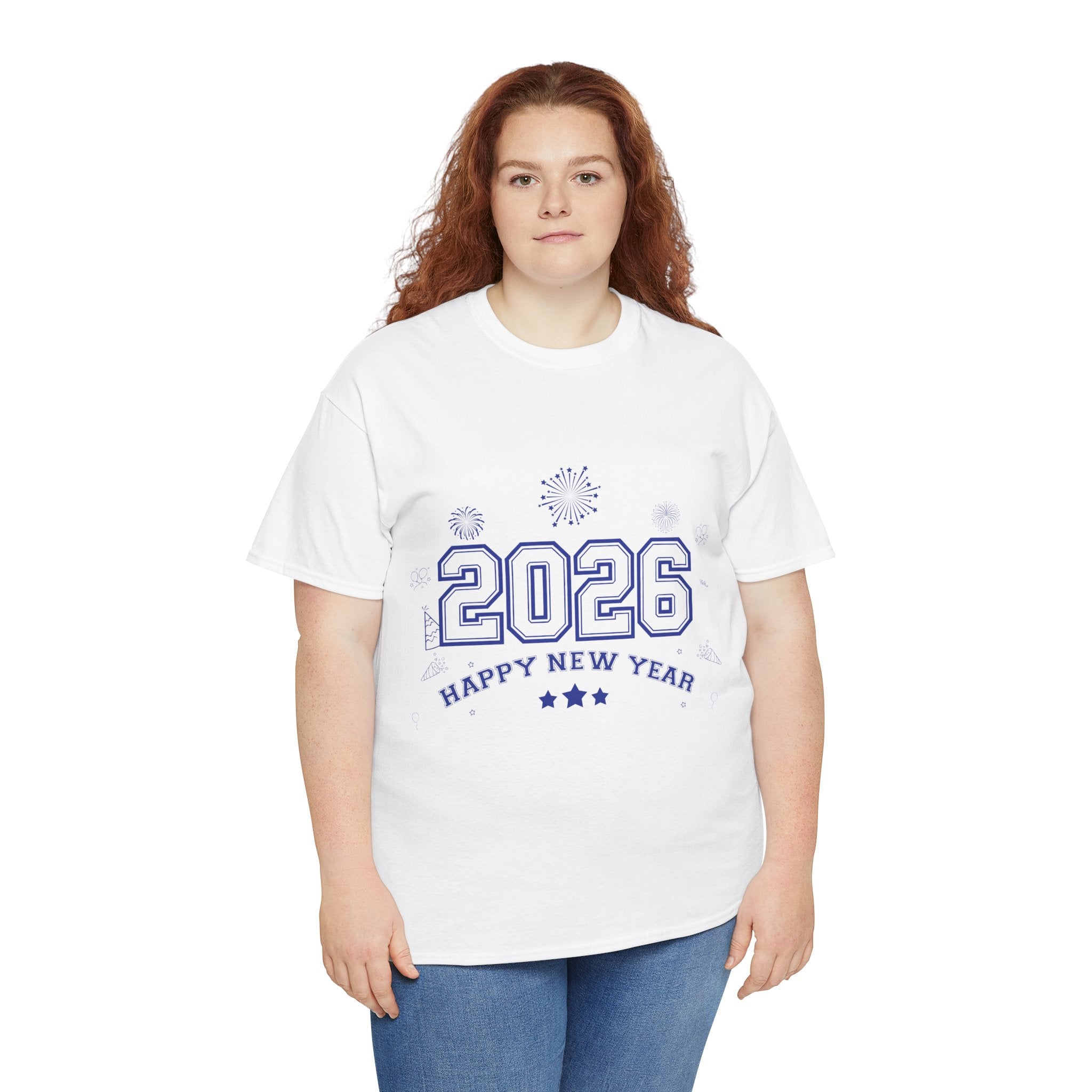 Happy New Year 2026 Varsity Tee — Fireworks & Confetti Celebration Unisex Cotton Tee
