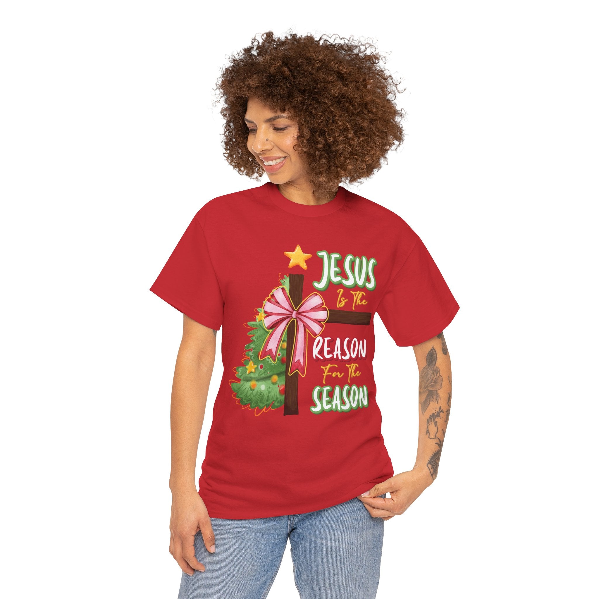 Jesus Is the Reason for the Season Christmas Tee — Cross with Pink Bow & Tree. Unisex Cotton Tee