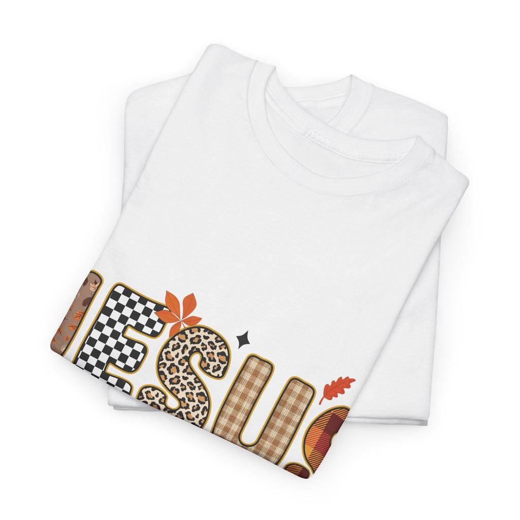 Jesus Is My Favorite Season Tee — Autumn Plaid & Leopard Lettering Unisex Cotton Tee