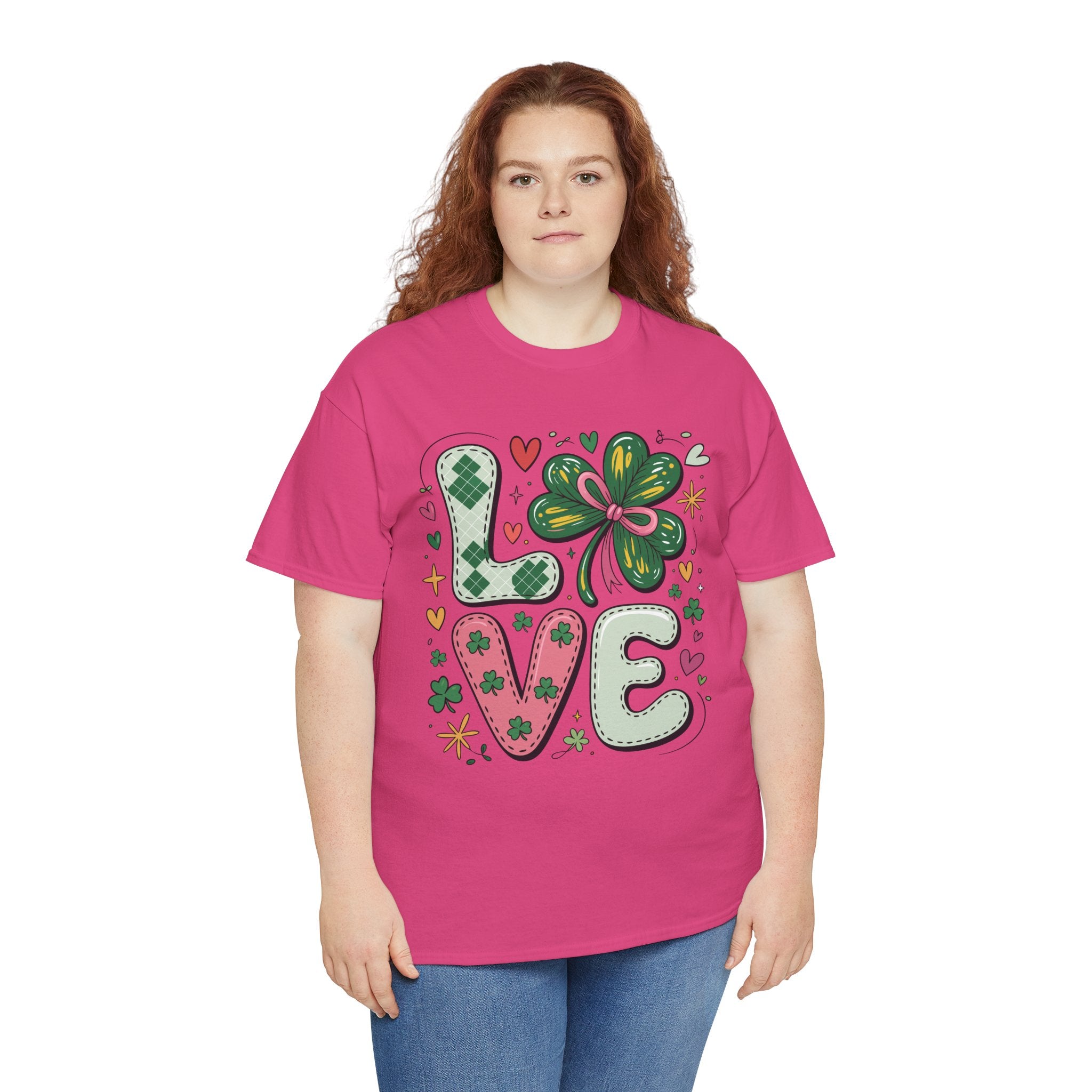 Stitched Clover 'LOVE' Tee — Heart & Patchwork St. Patrick's Unisex Cotton T-Shirt