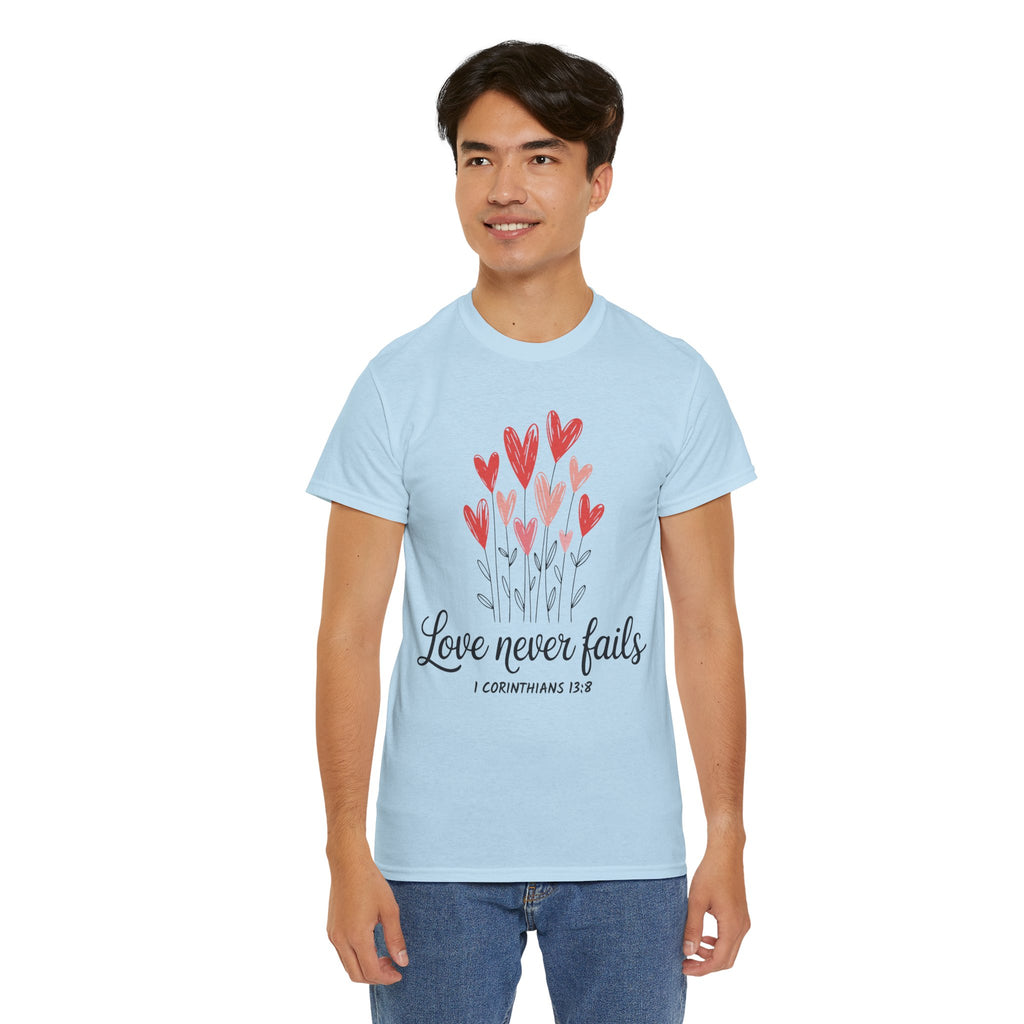 Christian Valentine T-Shirt — "Love Never Fails" (1 Corinthians 13:8) Unisex Cotton Tee