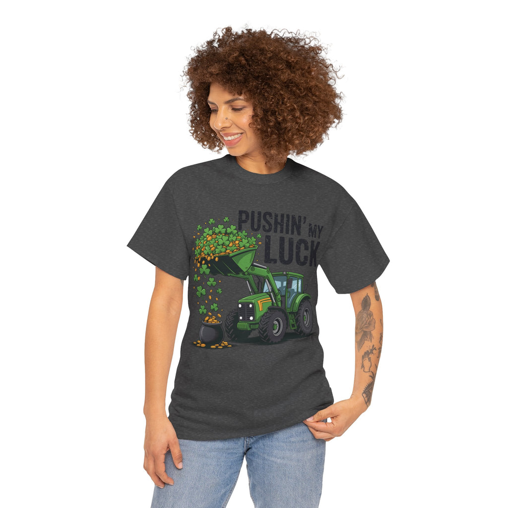 Pushin' My Luck Shamrock Tractor Tee — St. Patrick's Day Unisex Cotton T-Shirt