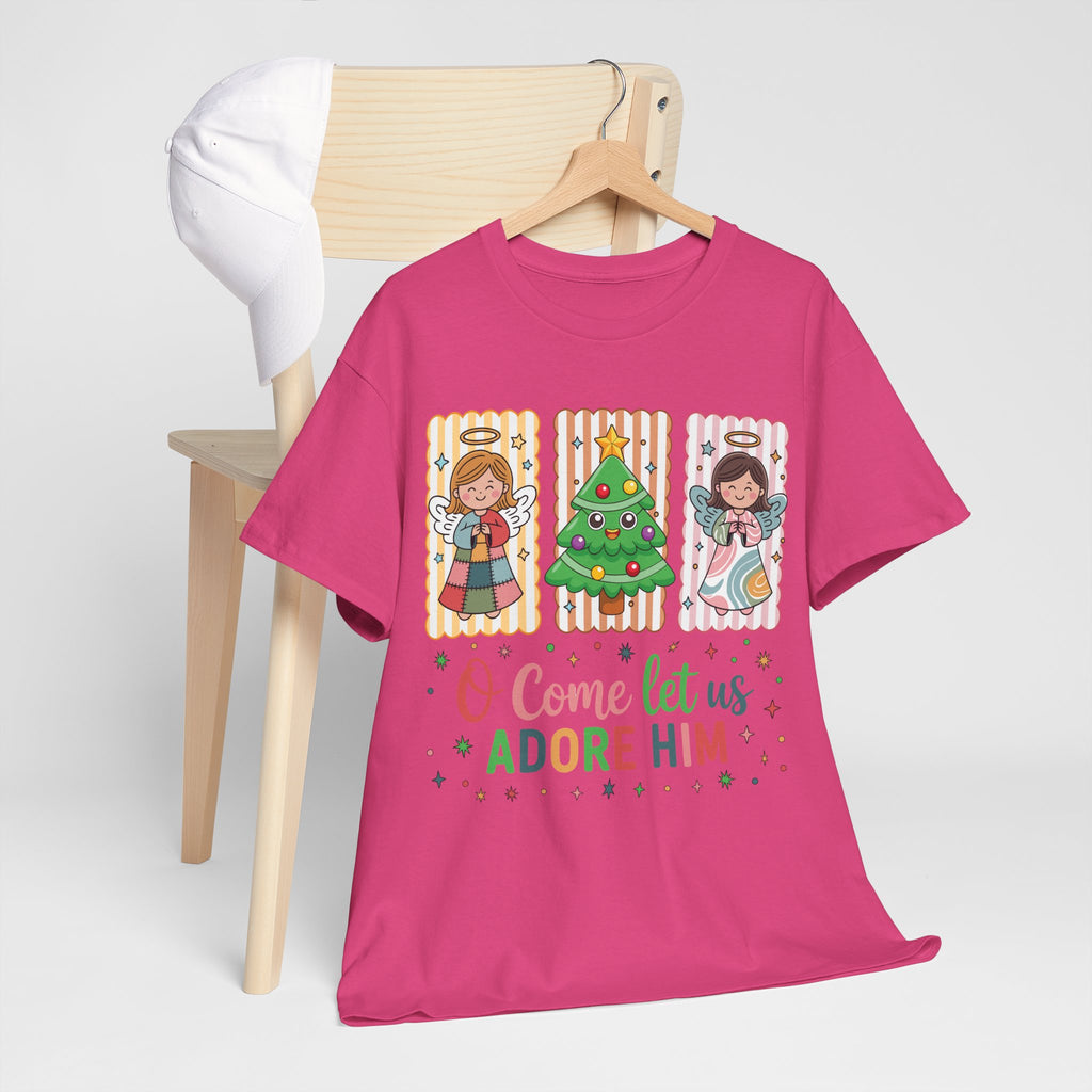 O Come Let Us Adore Him Christmas Tee — Smiling Angels & Happy Tree..Unisex Cotton Tee