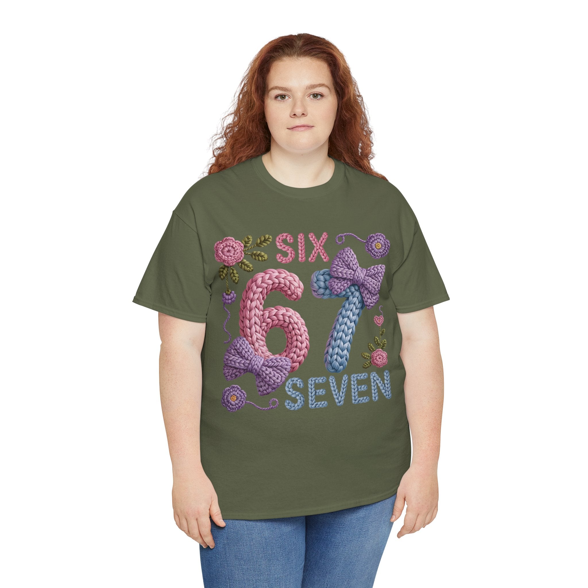 Pastel Crochet Numbers 6 & 7 Tee — Faux-Yarn Bows & Flowers. Unisex Cotton Tee