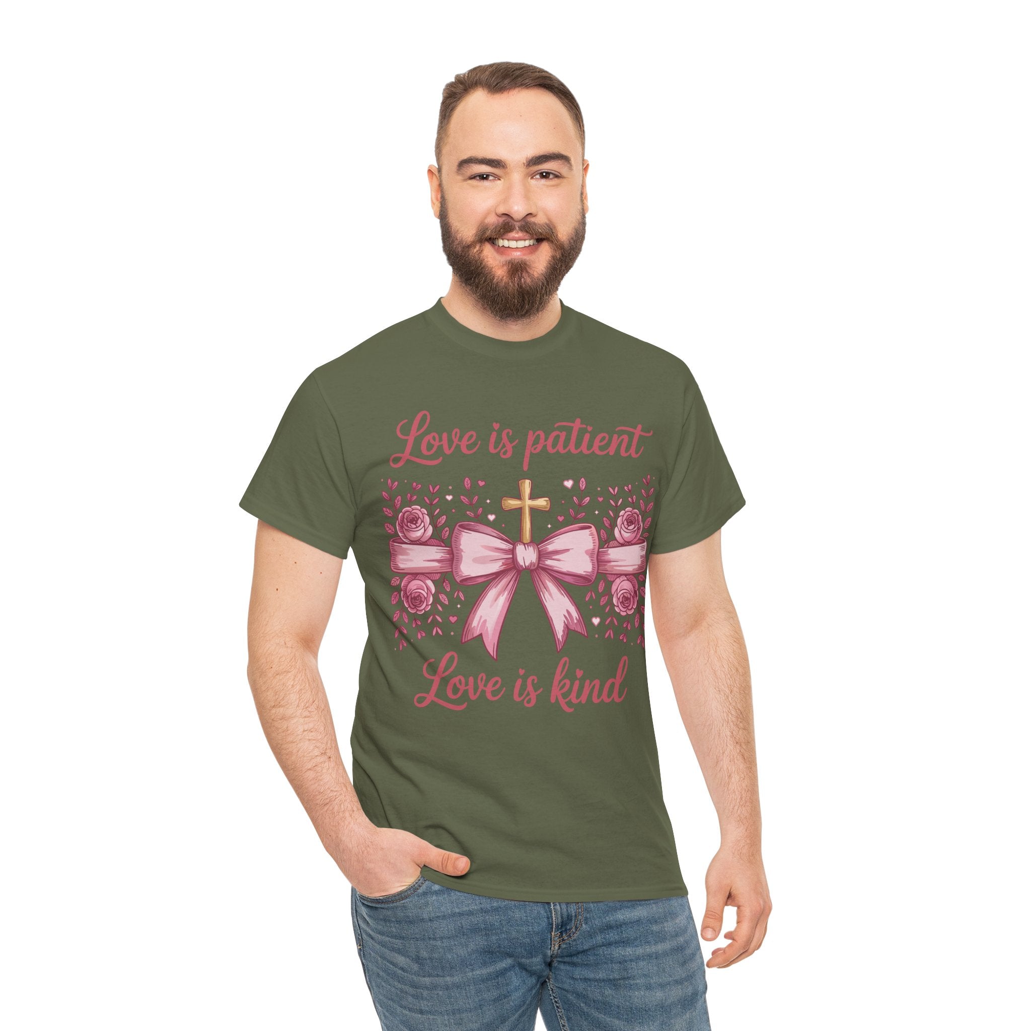 Christian Floral Tee — "Love is Patient, Love is Kind" Pink Rose Cross. Unisex Cotton Tee
