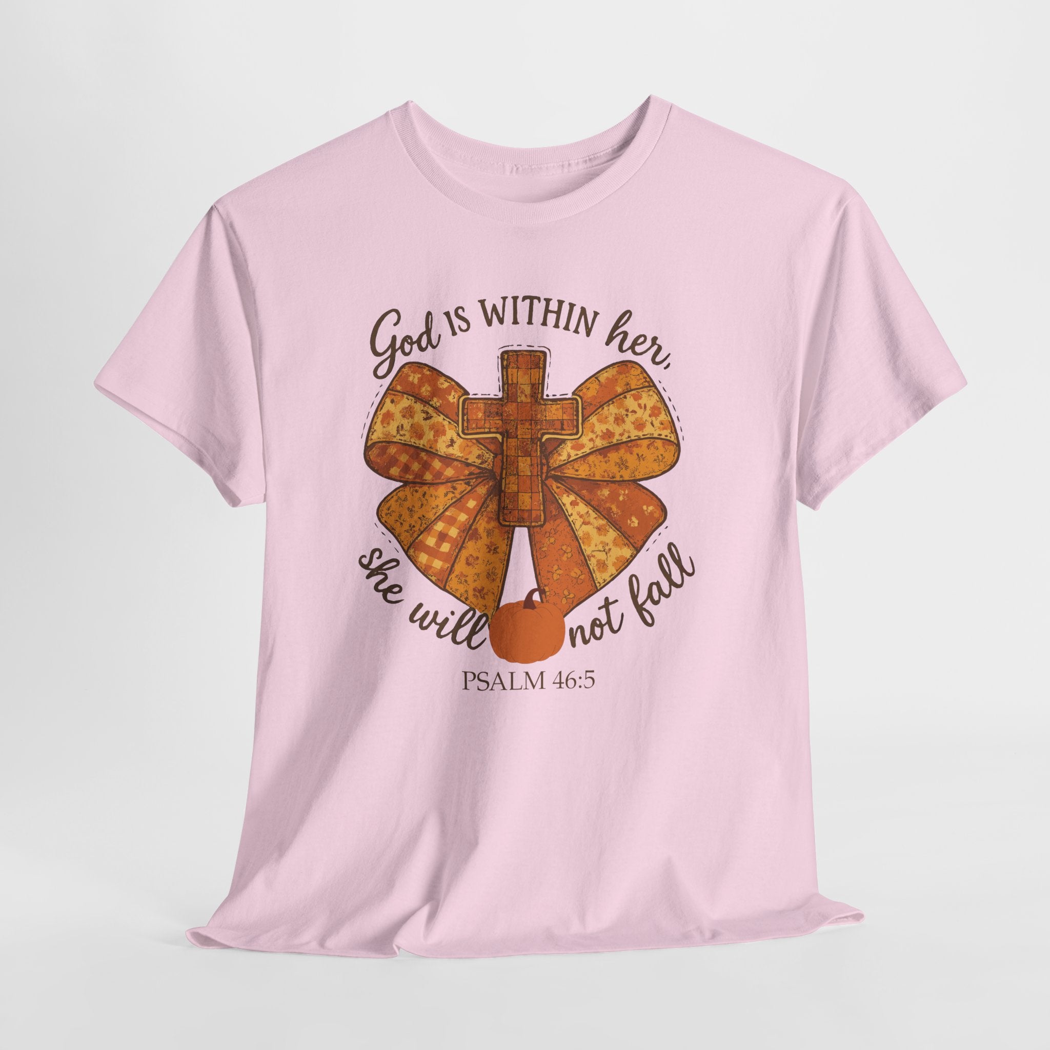Psalm 46:5 Cross Patchwork Tee — Fall Bow Christian Unisex Cotton T-Shirt